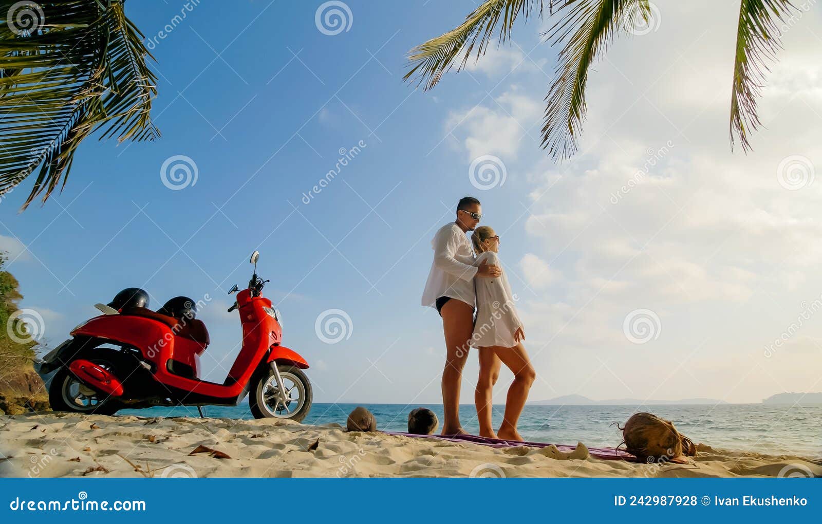 Scooter Road Trip. Lovely Couple on Red Motorbike in White Clothes on Sand  Beach. People Walking Near the Tropical Palm Stock Photo - Image of hand,  road: 242987928