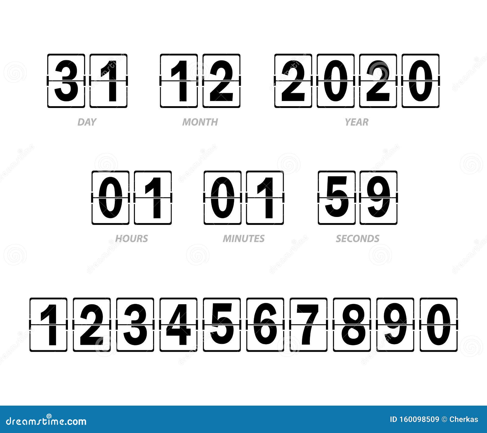 Scoreboard of Hours, Minutes and Seconds, Day, Month and Year Stock 