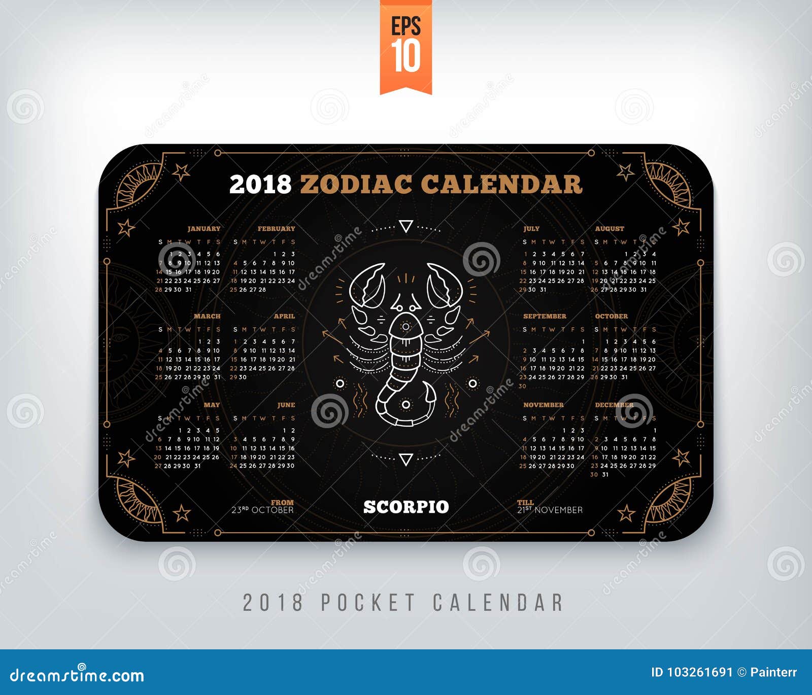 Scorpio 2018 Year Zodiac Calendar Pocket Size Horizontal Layout Stock ...