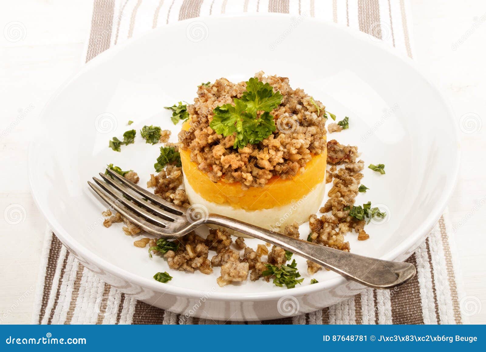 Scottish White Pudding with Mashed Potato and Turnip on a Plate Stock