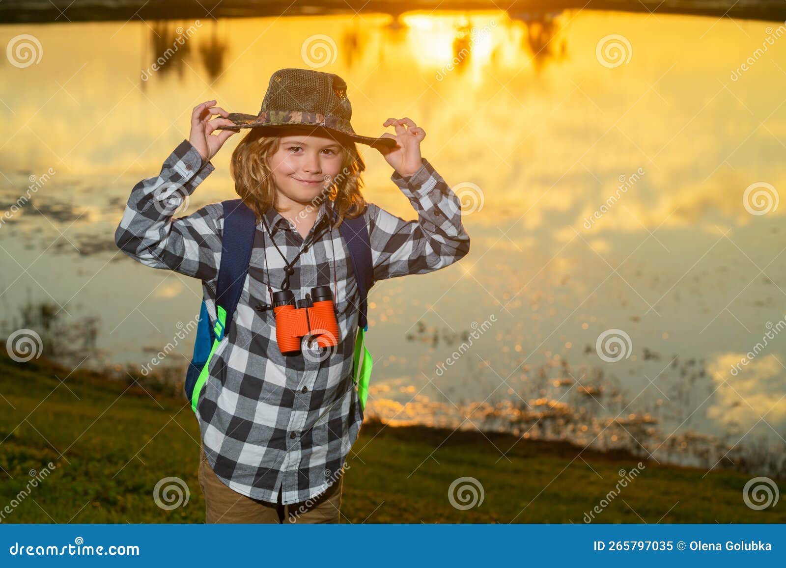 Scout Boy Wearing Explorer Hat and Backpack Outdoor. Explorer and