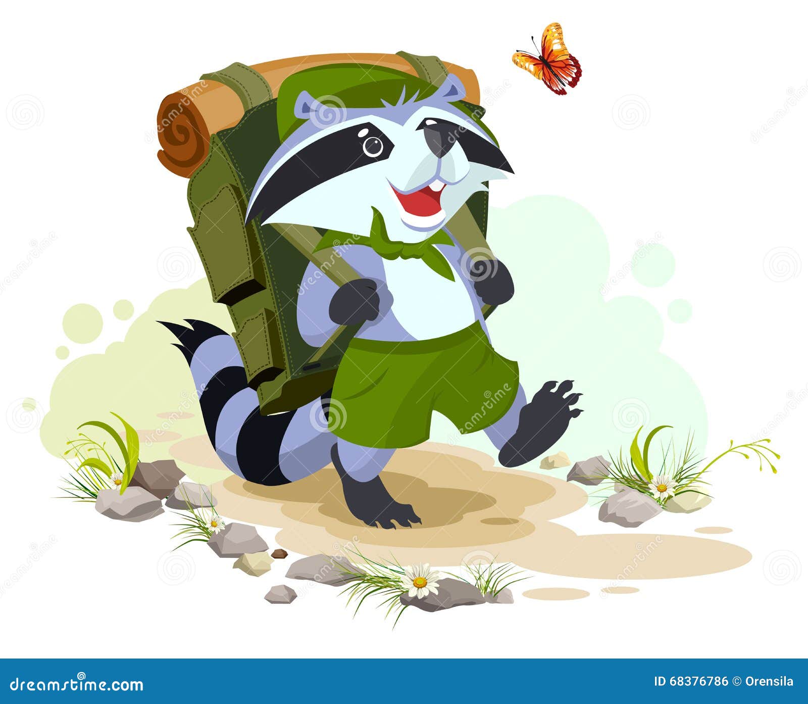 Scout Raccoon Cooking Soup Over Campfire. Summer Holidays Camping