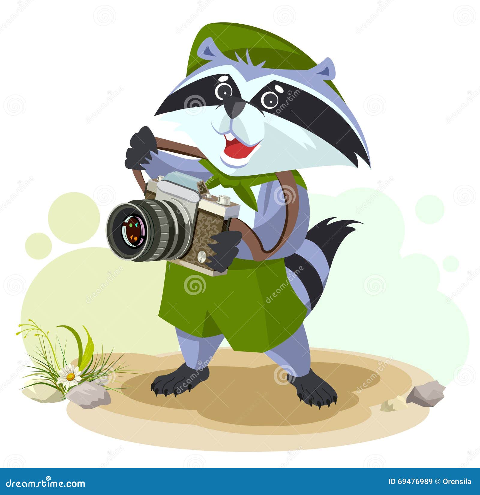 Scout Raccoon Cooking Soup Over Campfire. Summer Holidays Camping