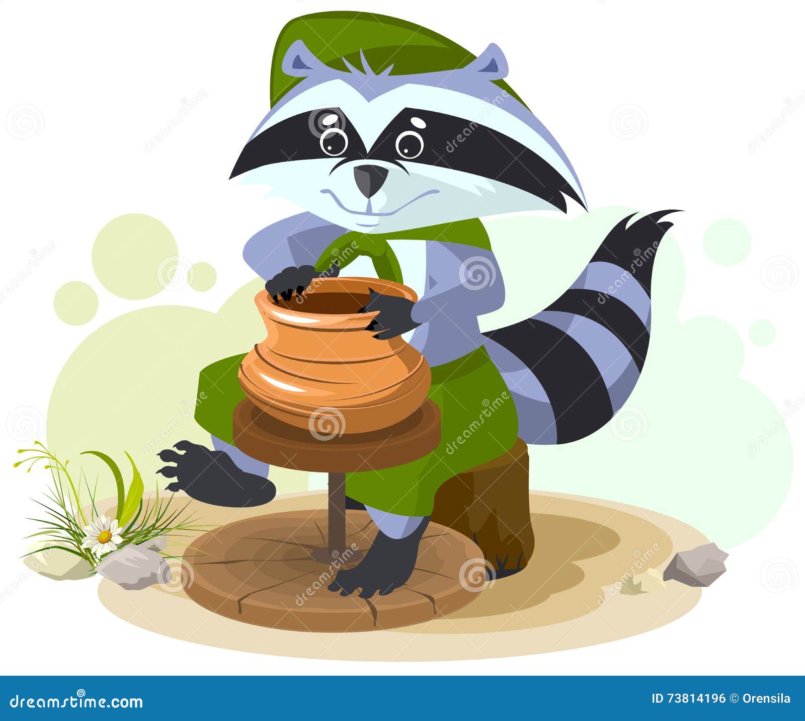 Scout Raccoon Cooking Soup Over Campfire. Summer Holidays Camping