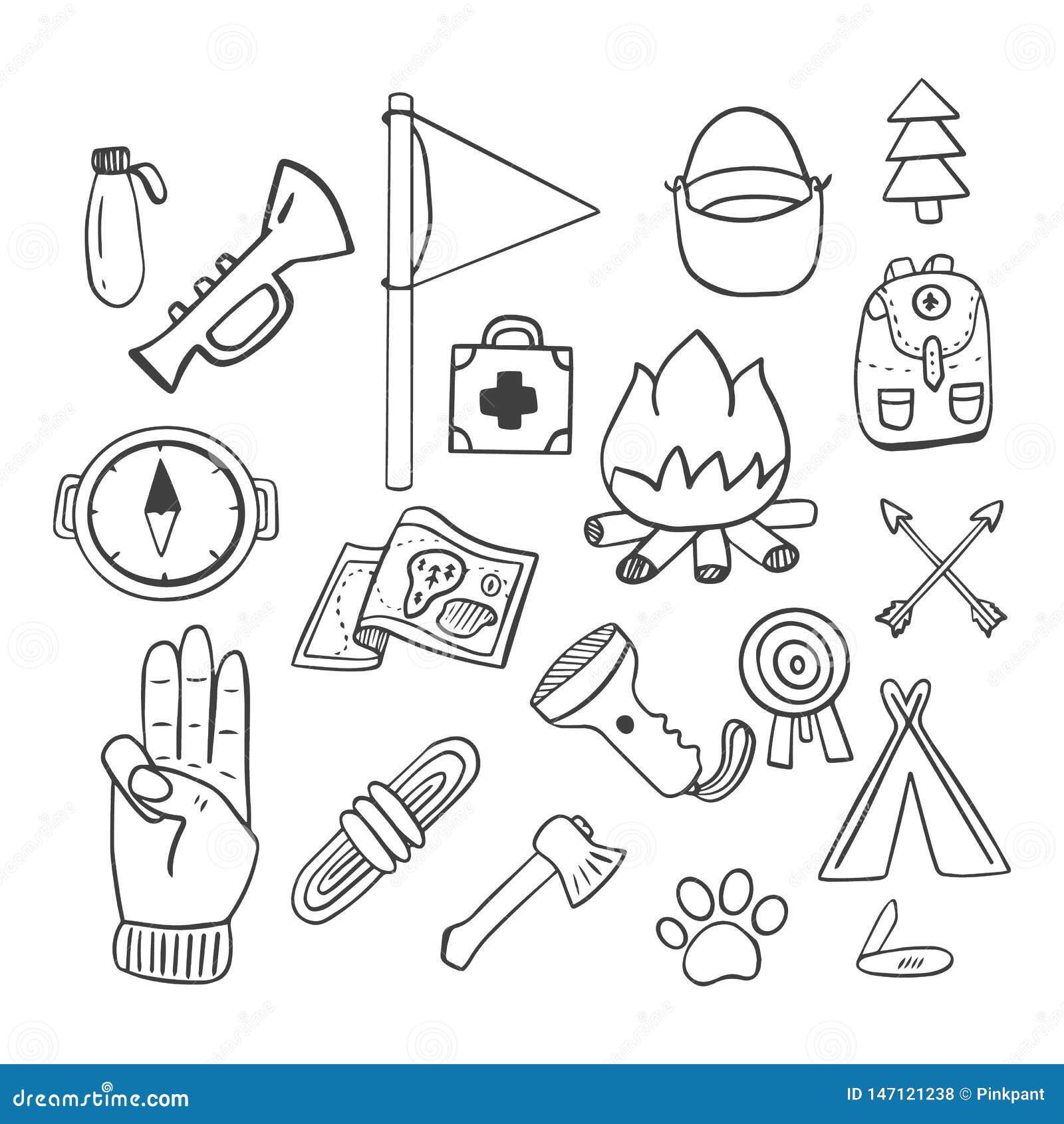 Scouting Doodle Drawings are a Set of Objects for Scouting Stock Vector