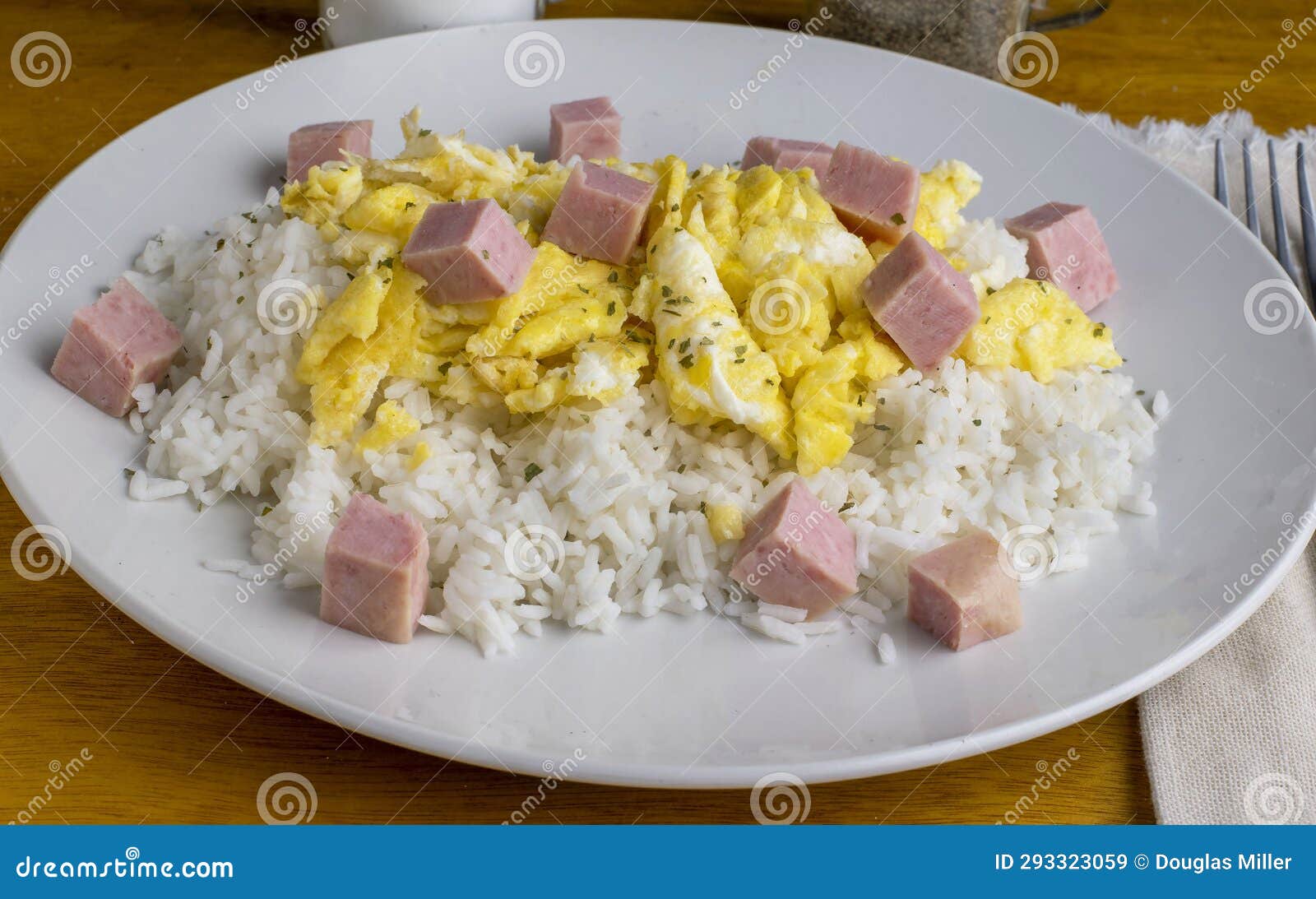Scramble Egg on White Rice with Dice Spam Stock Image Image of