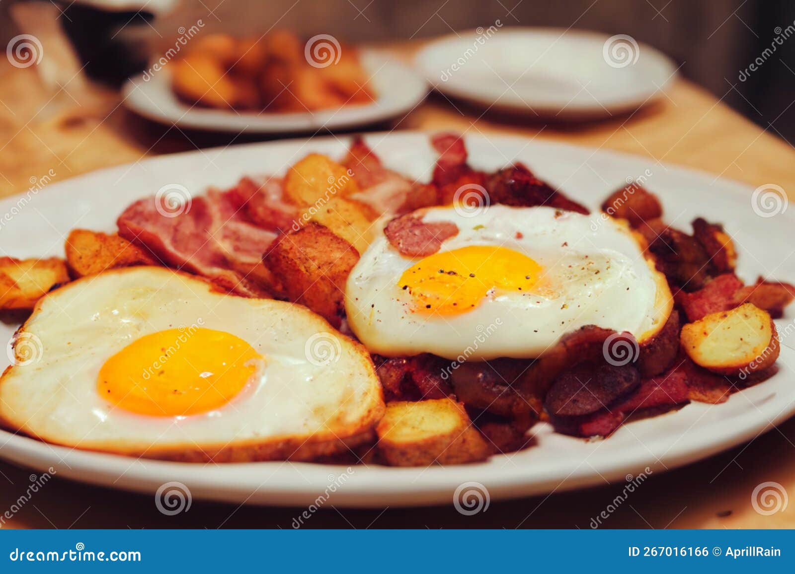 Scrambled eggs with bacon stock illustration. Illustration of bakery