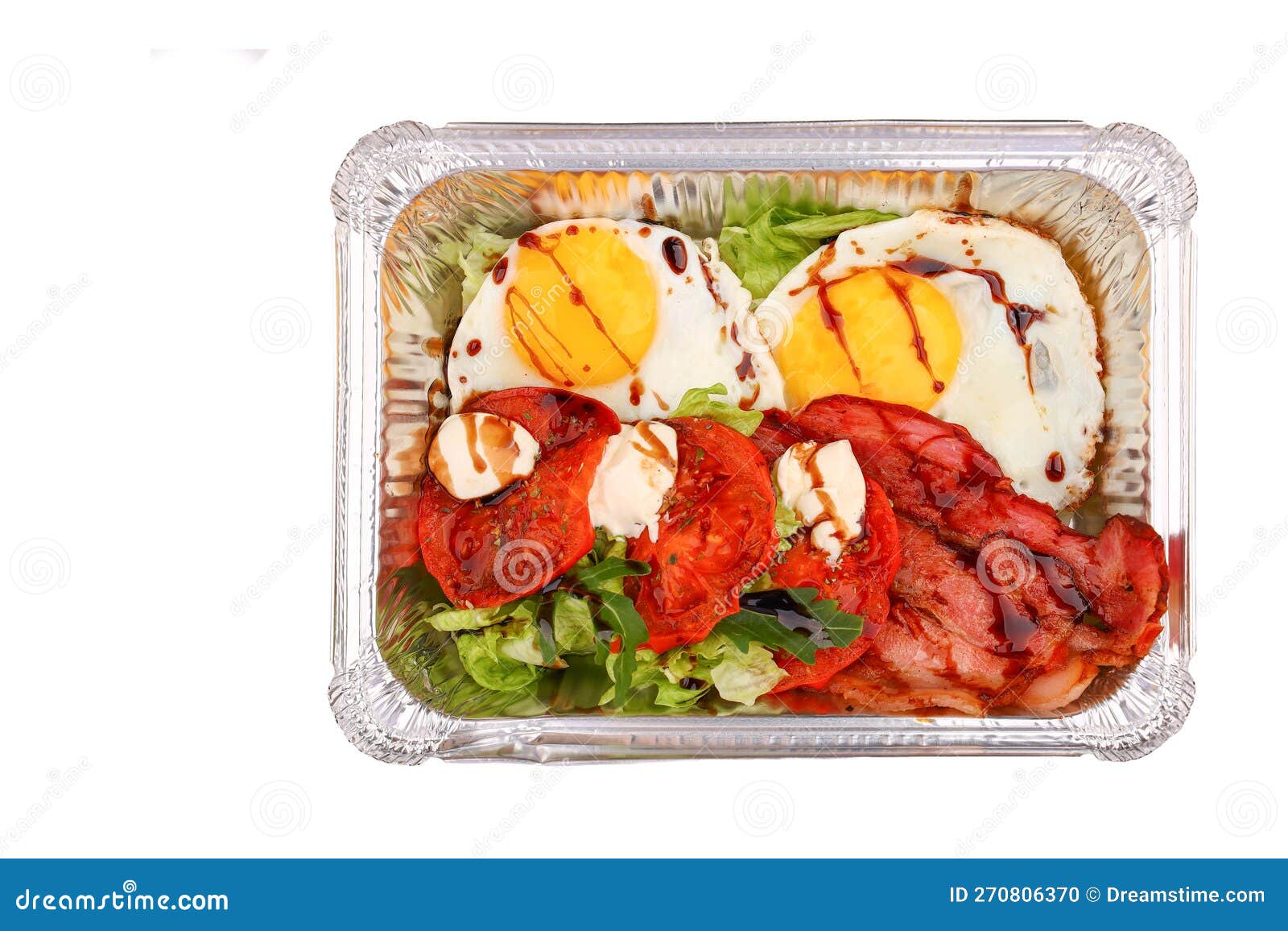 scrambled eggs with bacon on white background for restaurant website menu