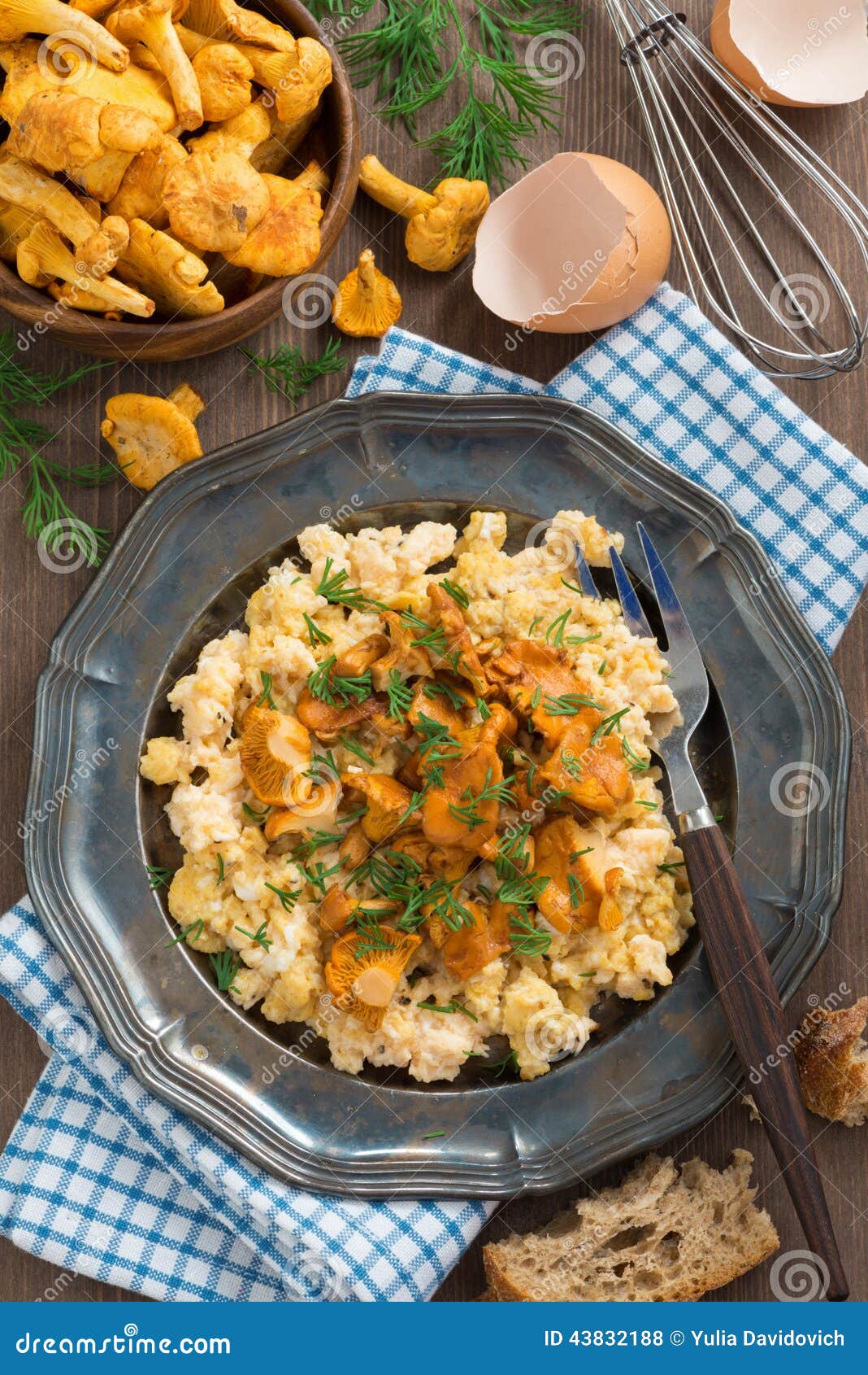 Scrambled Eggs with Chanterelles and Fresh Dill, Vertical Stock Photo