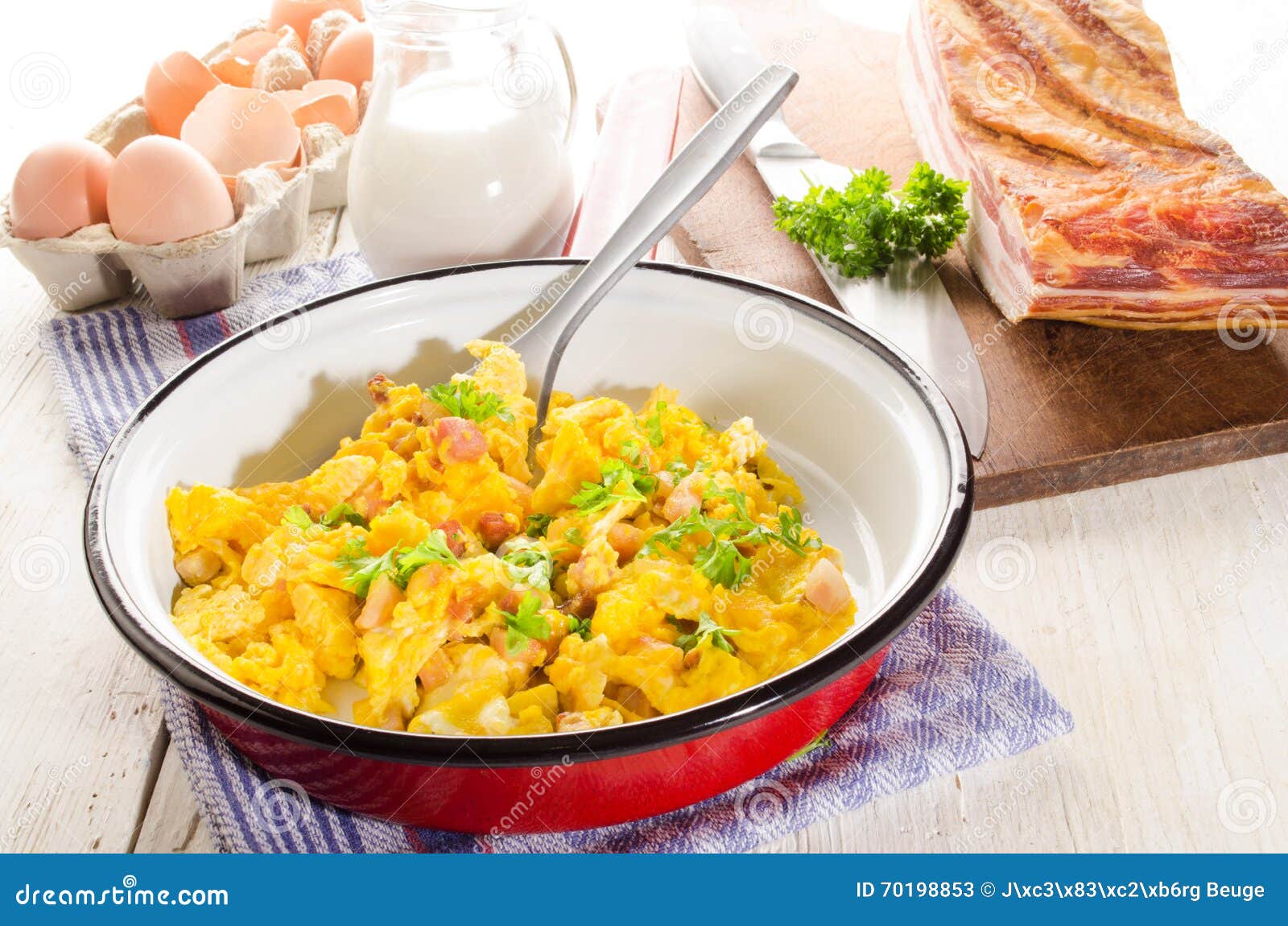 Scrambled Eggs with Fat Smoked Bacon and Parsley Stock Image Image of breakfast, fried 70198853