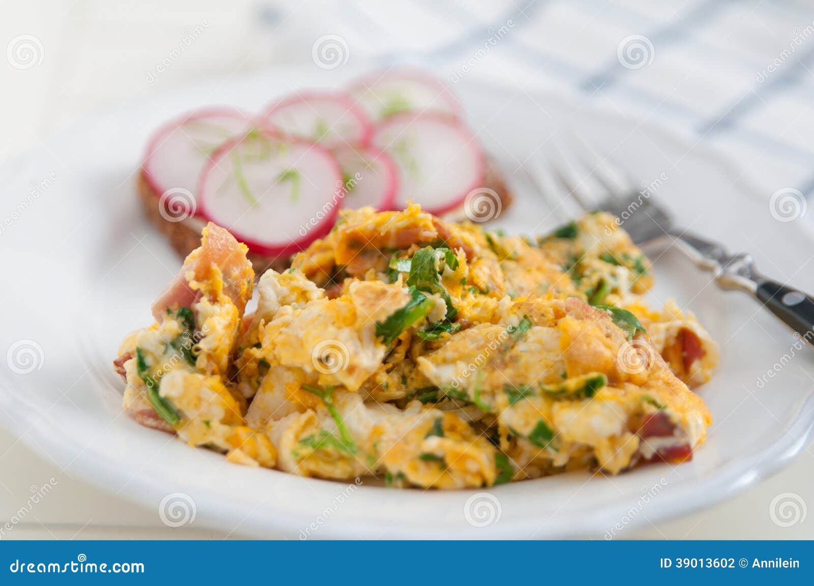 Scrambled Eggs with Fresh Herbs Stock Photo Image of fork, delicious