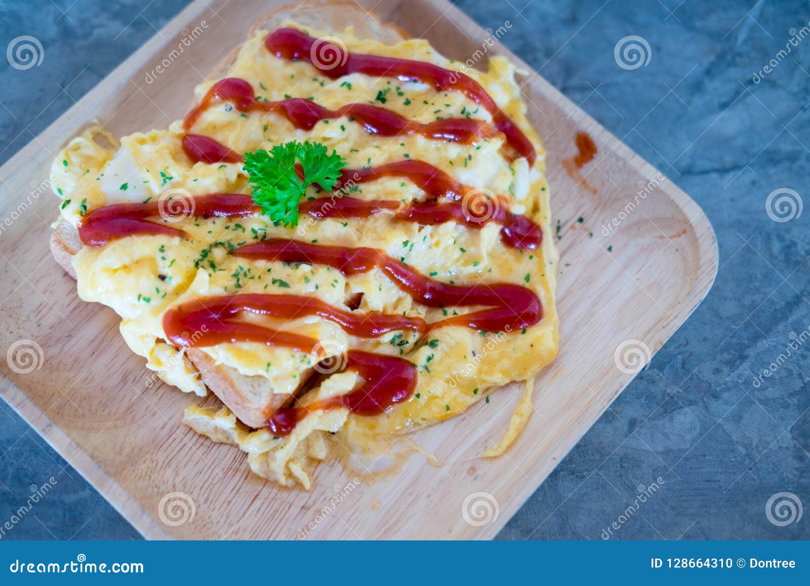 Scrambled Eggs with Ketchup on Toasted Stock Photo Image of