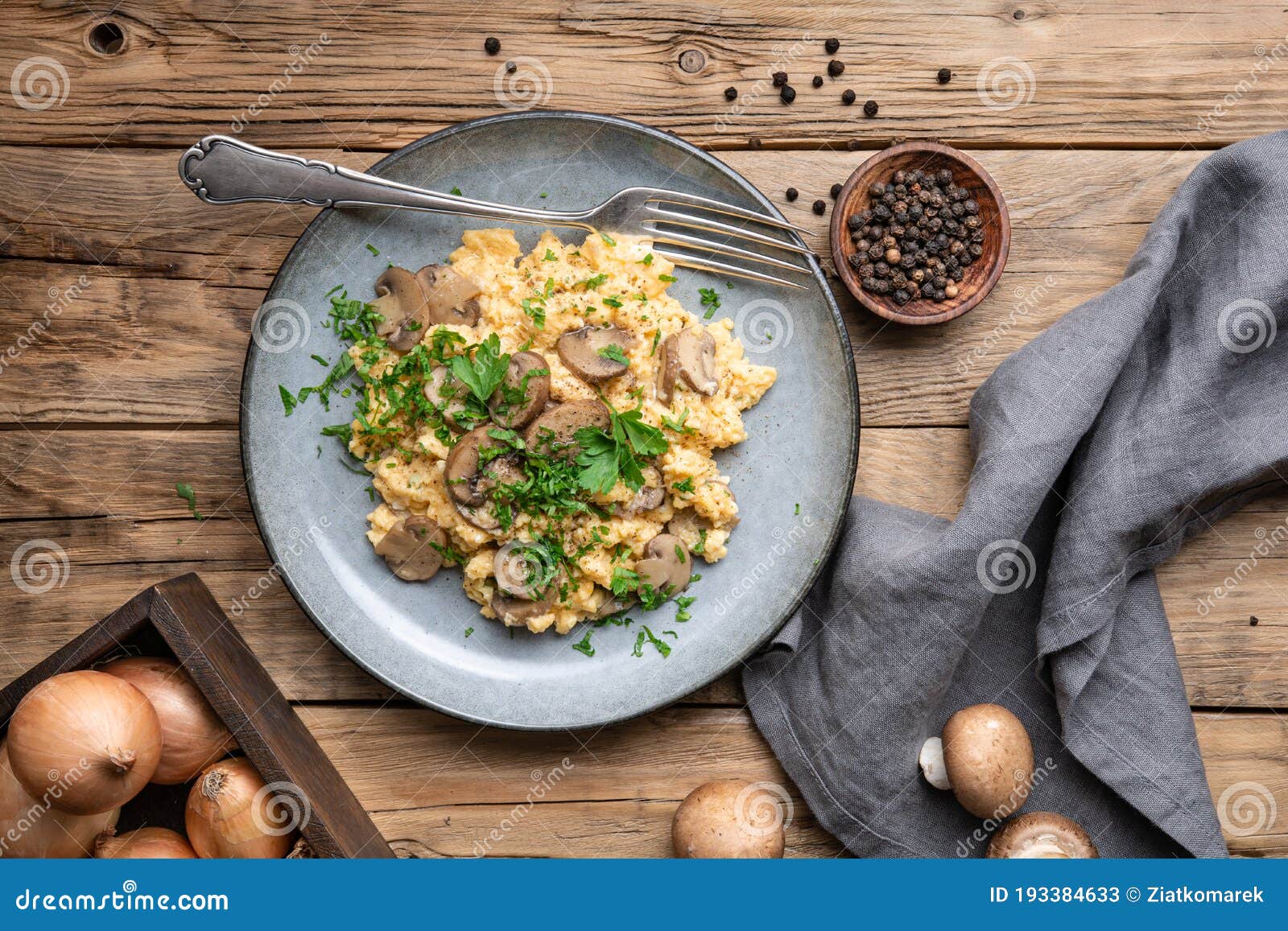 Scrambled Eggs with Mushrooms, Onion and Parsley Stock Image Image of