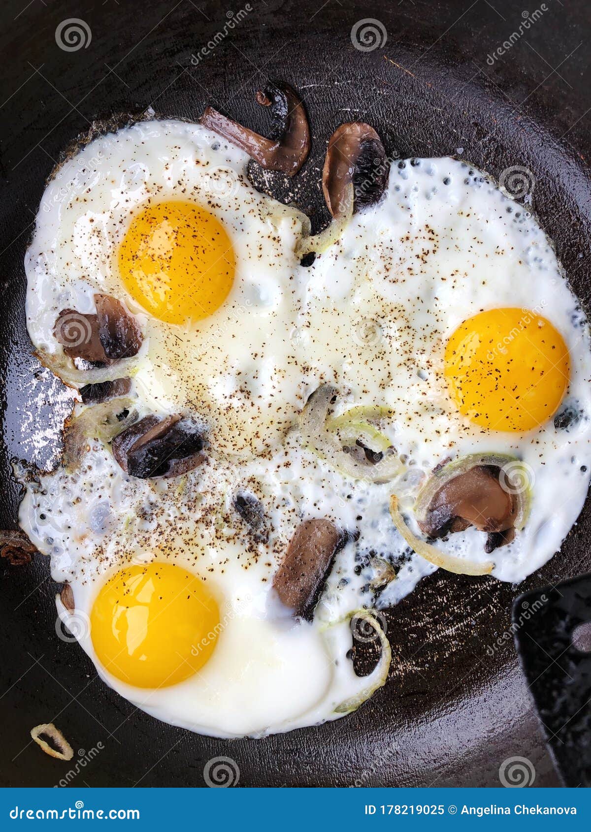 Scrambled Eggs with Mushrooms and Onions Macro Stock Image - Image of