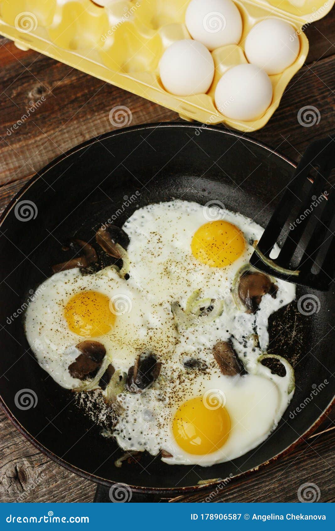 Scrambled Eggs with Mushrooms and Onions Macro Stock Image - Image of