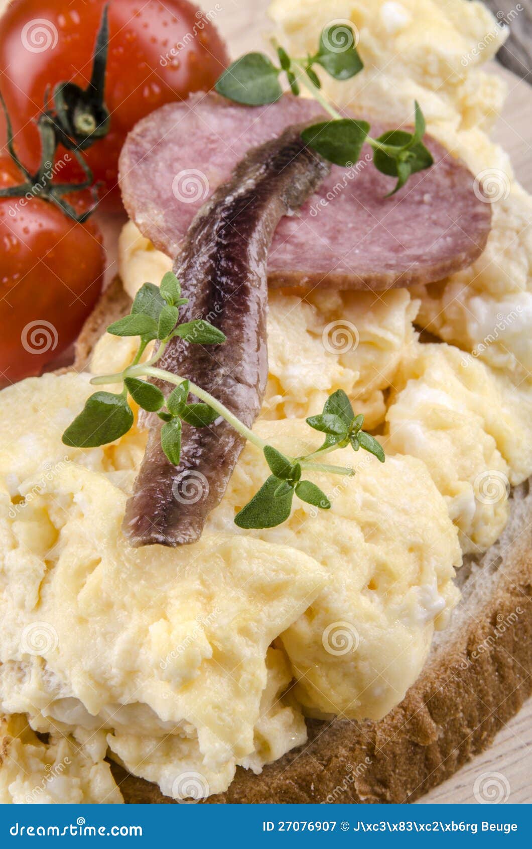 Scrambled Eggs with Salami and Anchovy on Bread Stock Image Image of