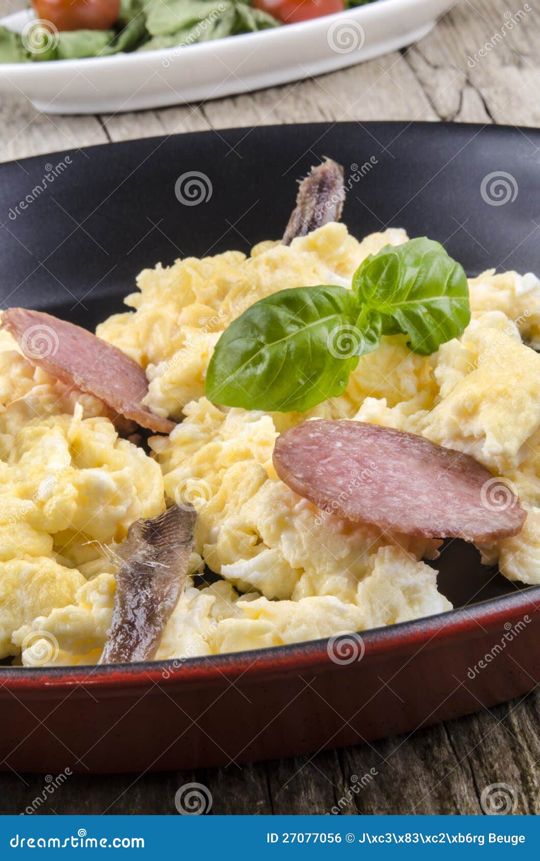 Scrambled Eggs with Salami and Anchovy in a Pan Stock Photo Image of