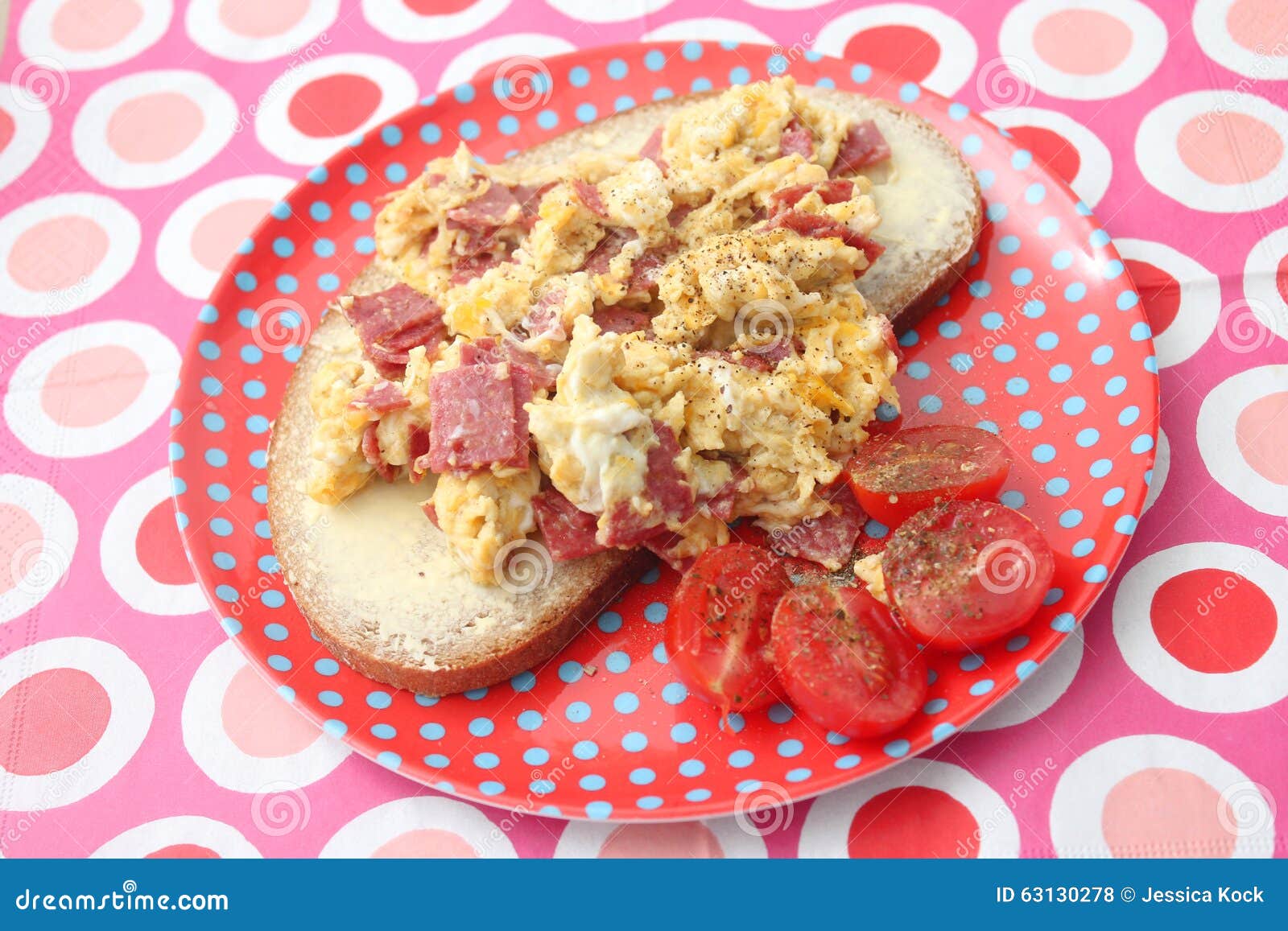 Scrambled eggs stock photo. Image of bread, tomatoes 63130278