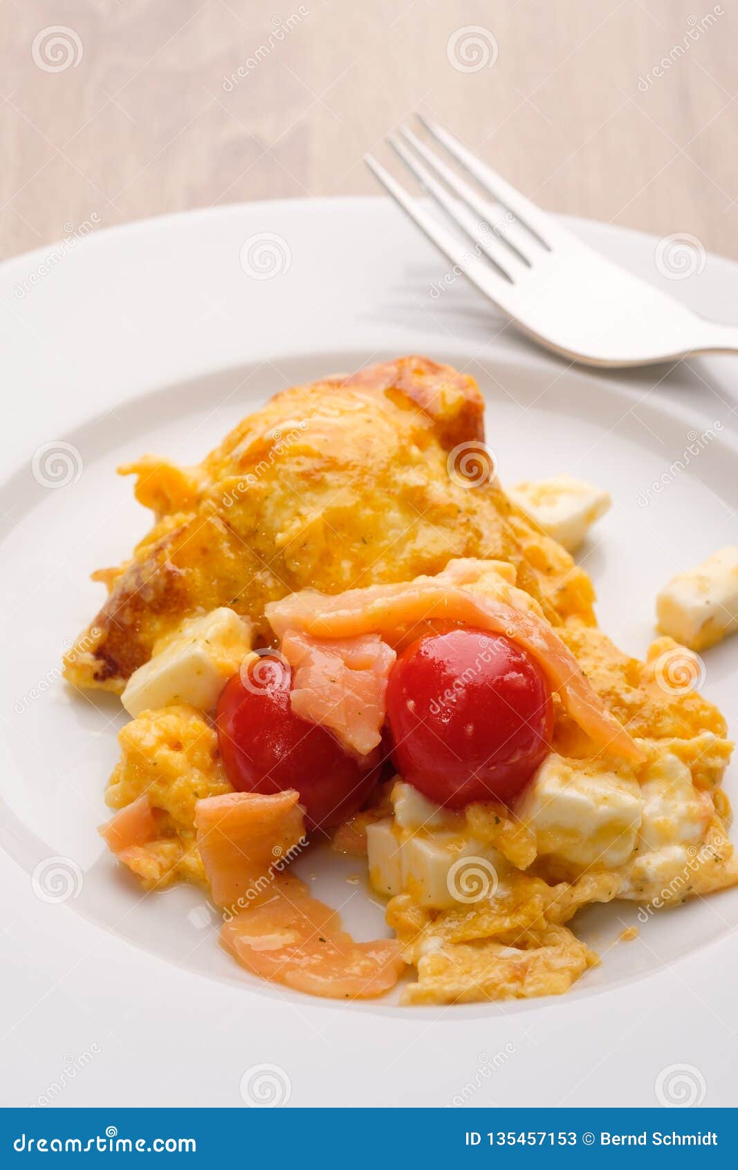 Scrambled Eggs with Tomatoes Salmon and Feta Cheese Stock Image Image