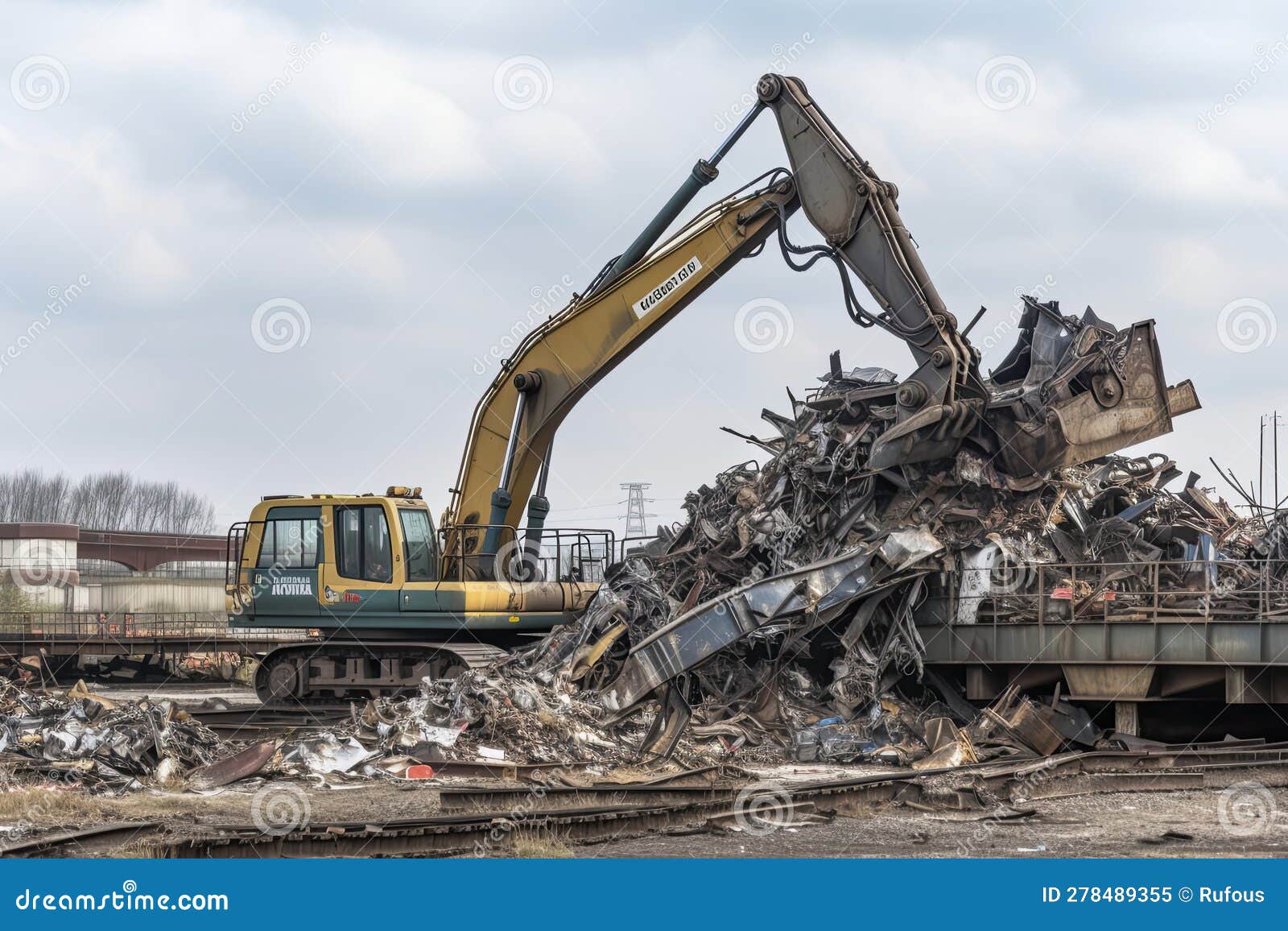 Scrap Metal Recycling Plant and Craneloading Scrap in a Train Stock