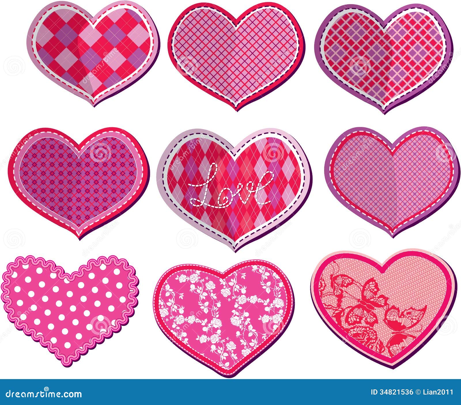 Scrapbook Set of Hearts in Stitched Textile Style Stock Vector