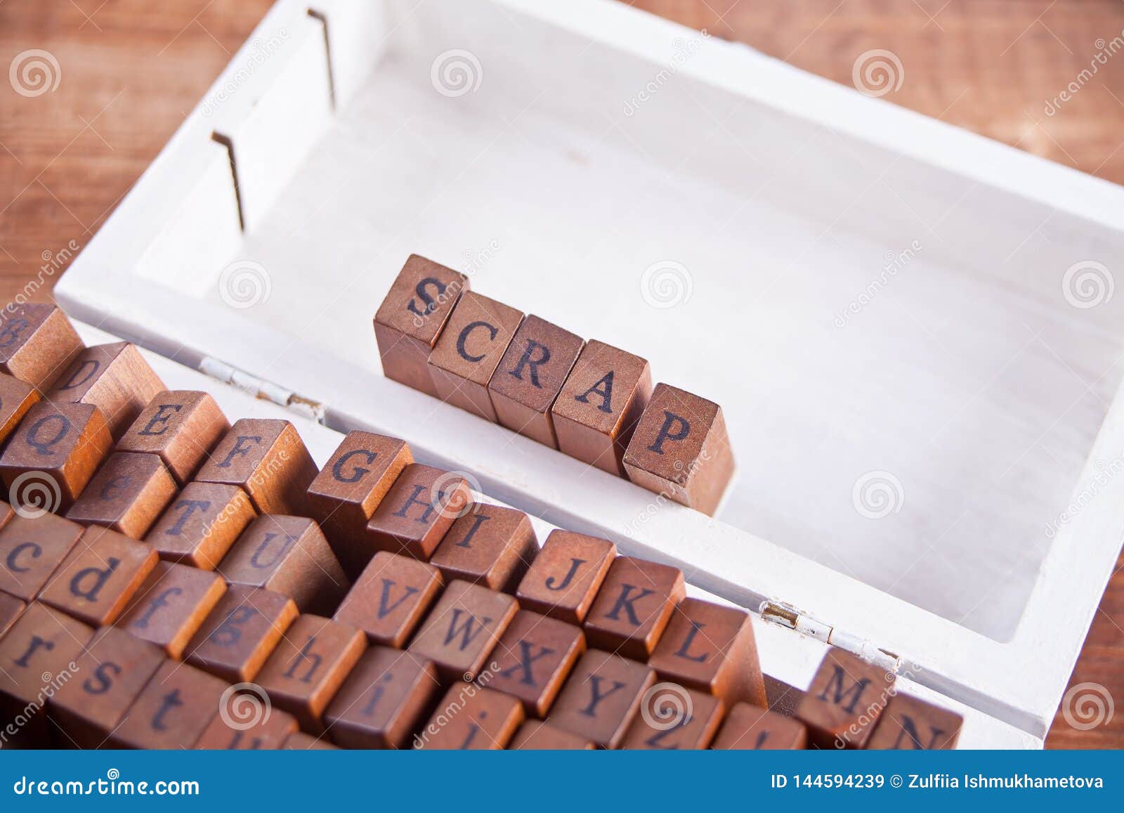 Scrapbooking Wooden Alphabet Stamp Set with Text Scrap Stock Image