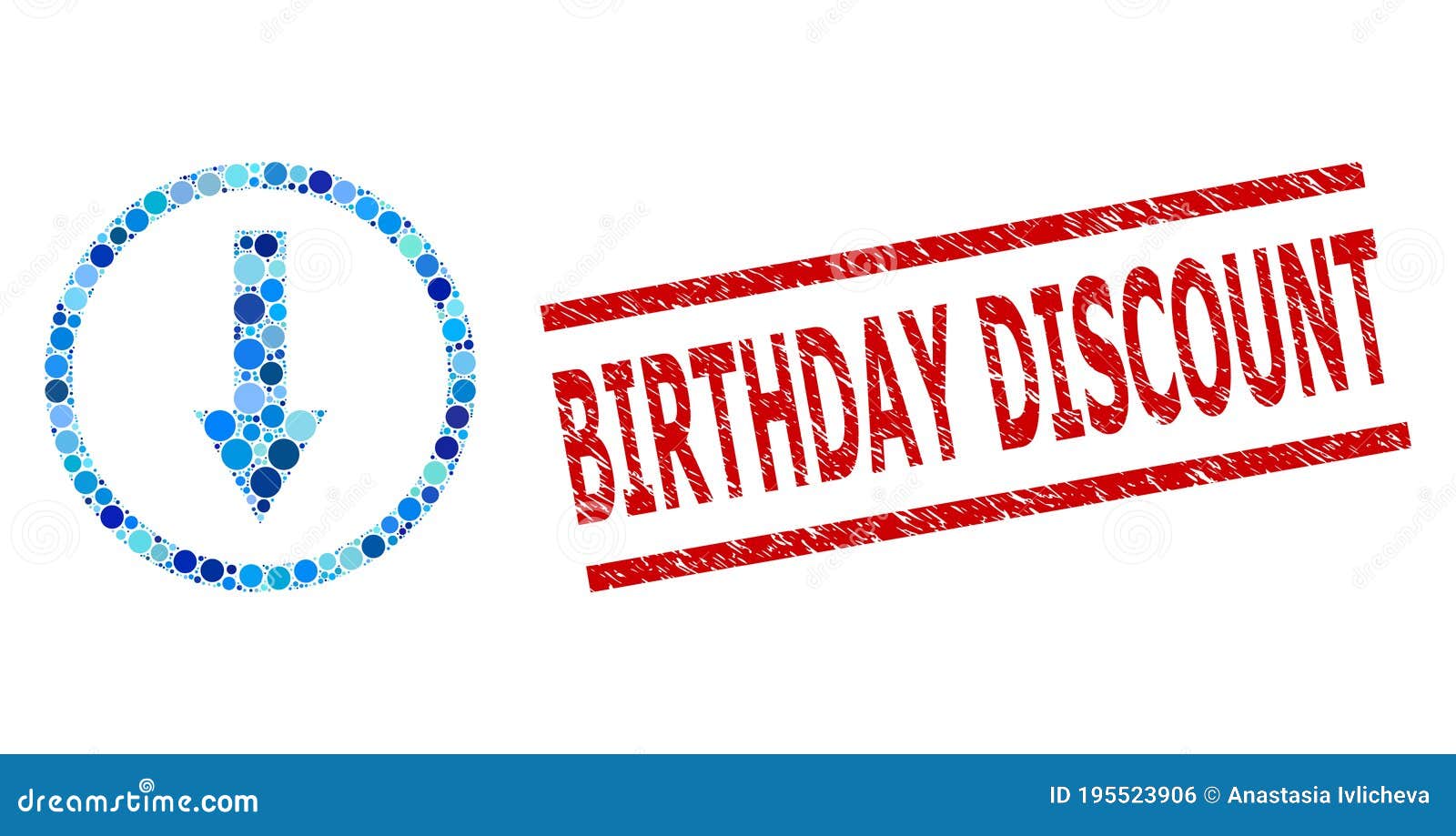 Scratched Birthday Discount Seal and Down Rounded Arrow Composition of