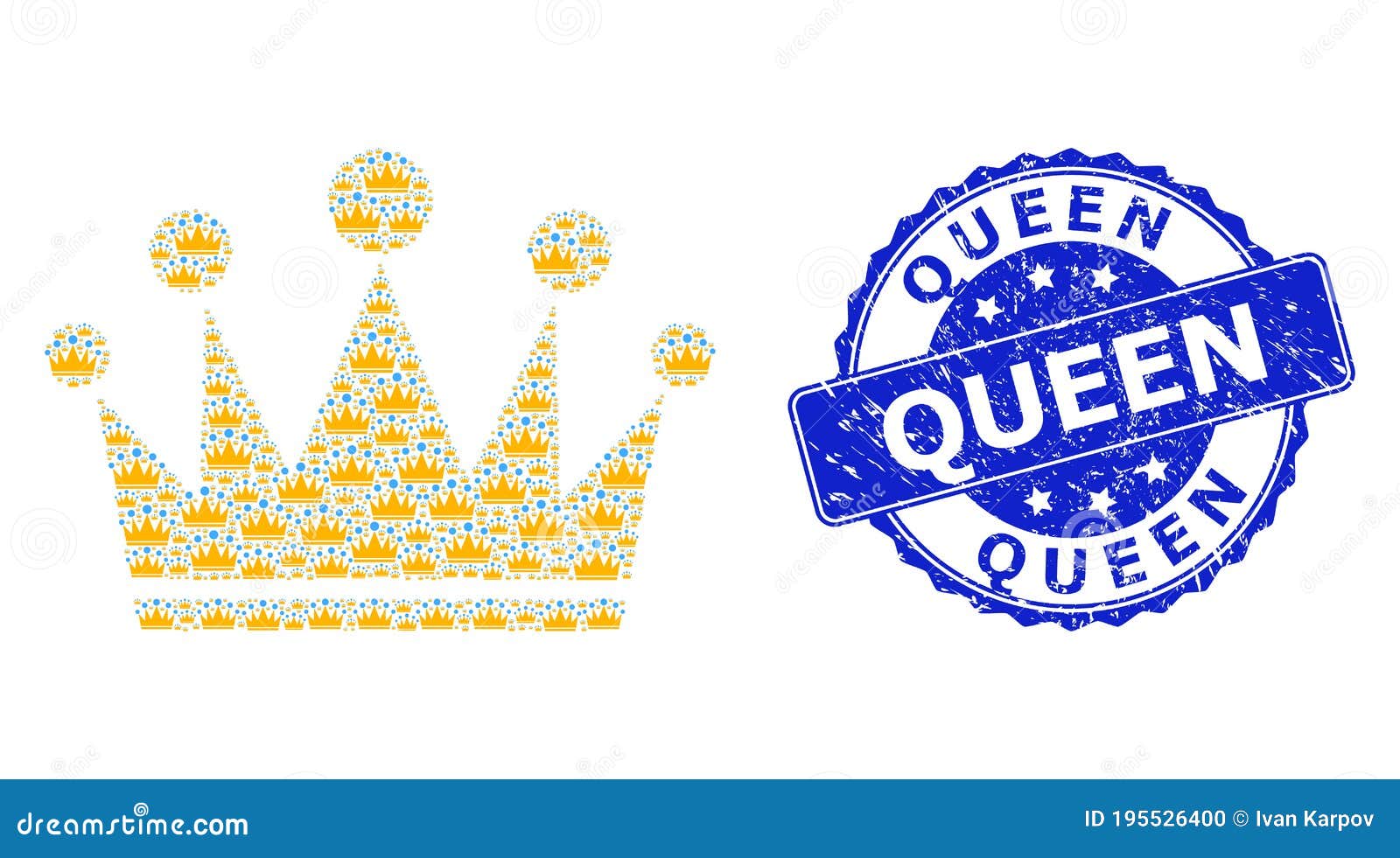 Scratched Queen Round Seal Stamp and Recursion Crown Icon Composition