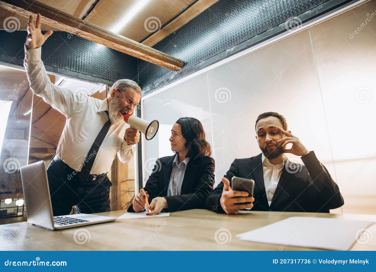 Angry Boss with Megaphone Screaming at Employees in Office, and Annoyed Colleagues Listening at the Table Stock Photo - Image of public, boss: 207317736