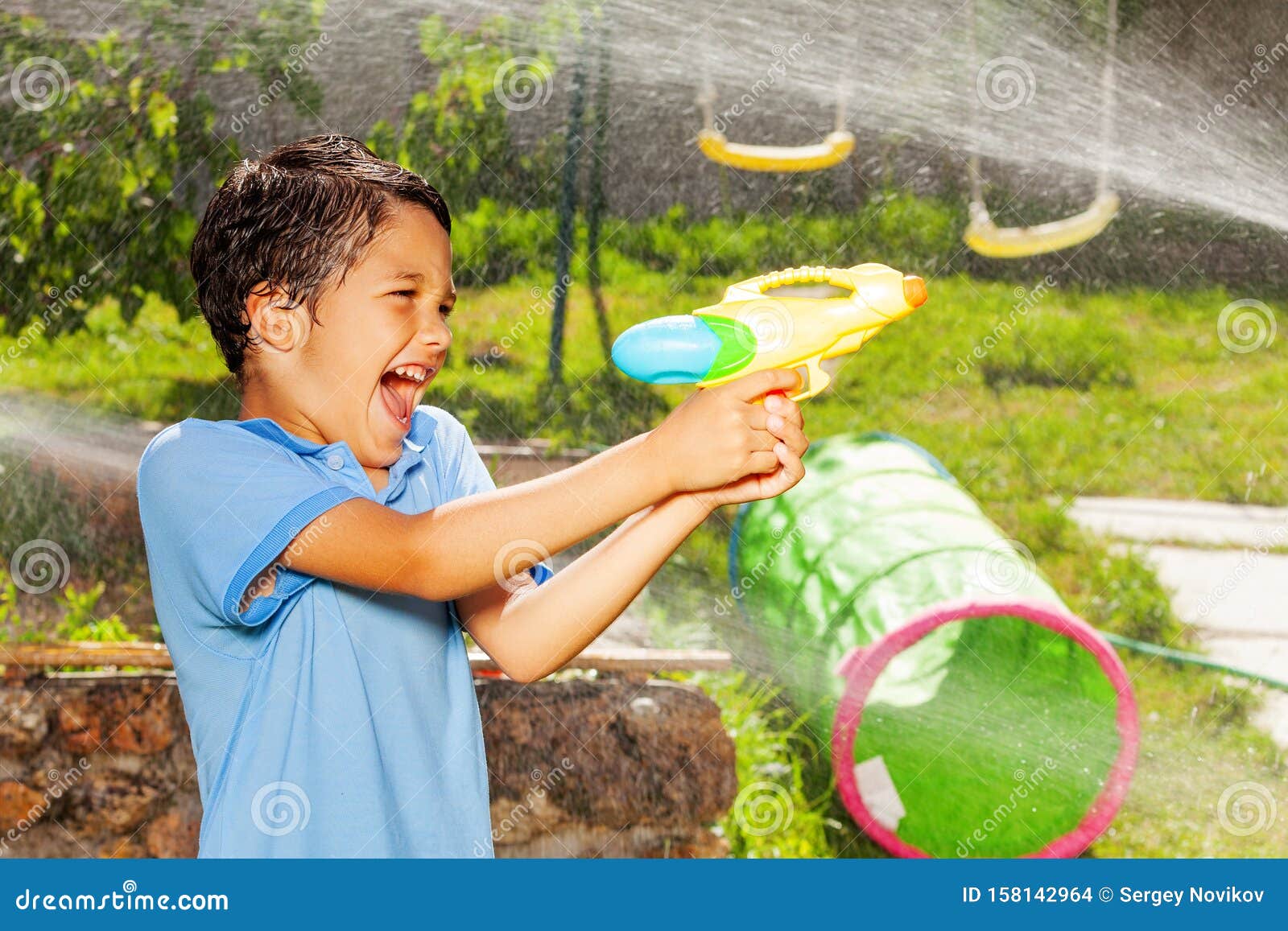 Emotional Water Gun Fight Game Little Boy Scream Stock Photo Image Of