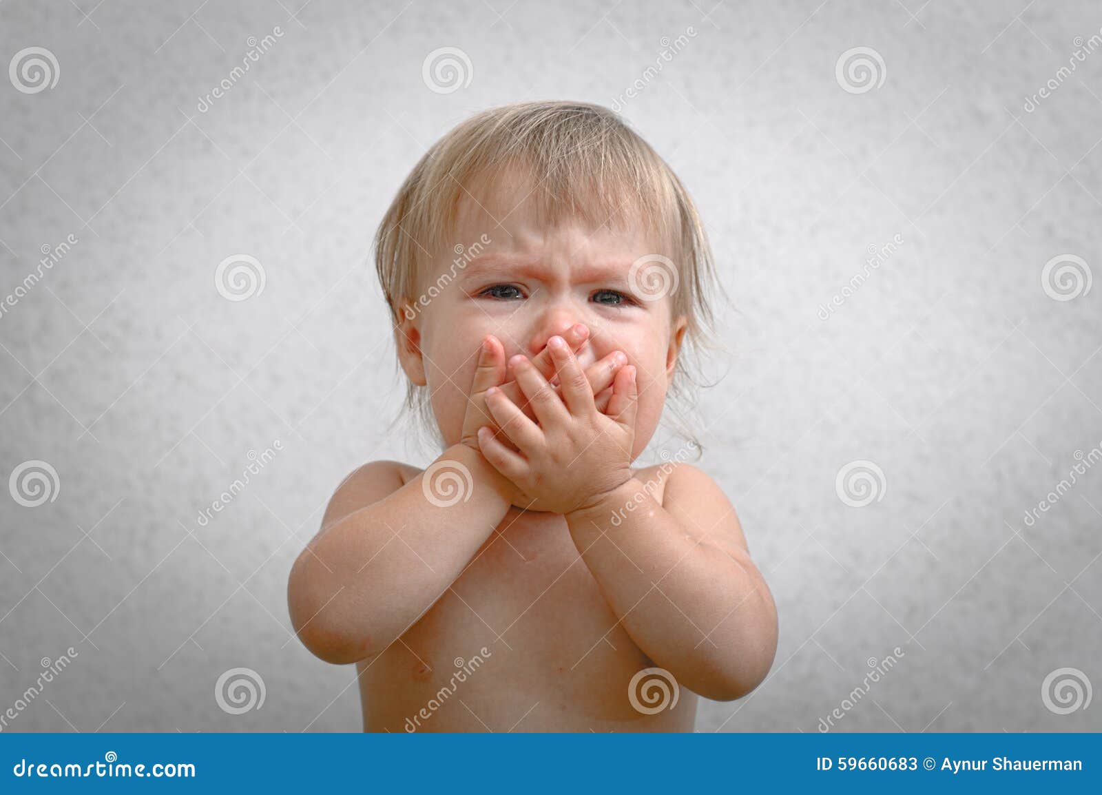 Screaming Baby Covering Mouth by Hand Stock Image Image of baby, blue