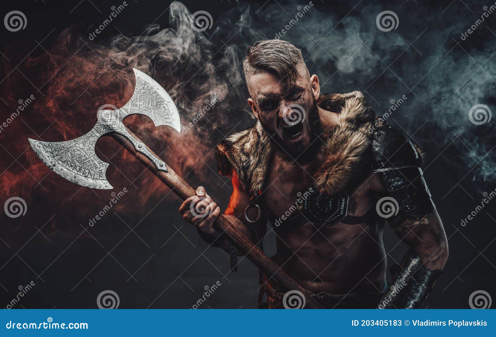 Screaming Scandinavian Warrior with Huge Axe in Fog Stock Image - Image ...