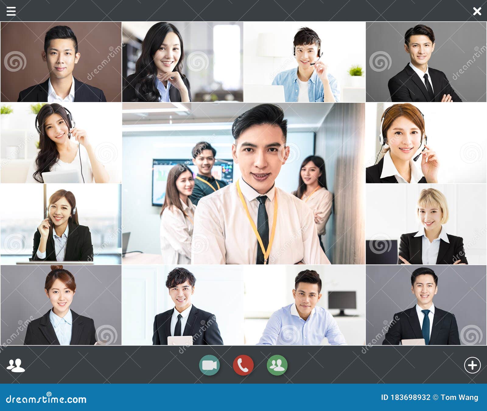 screenshot of smiling business group online brainstorm on video conference