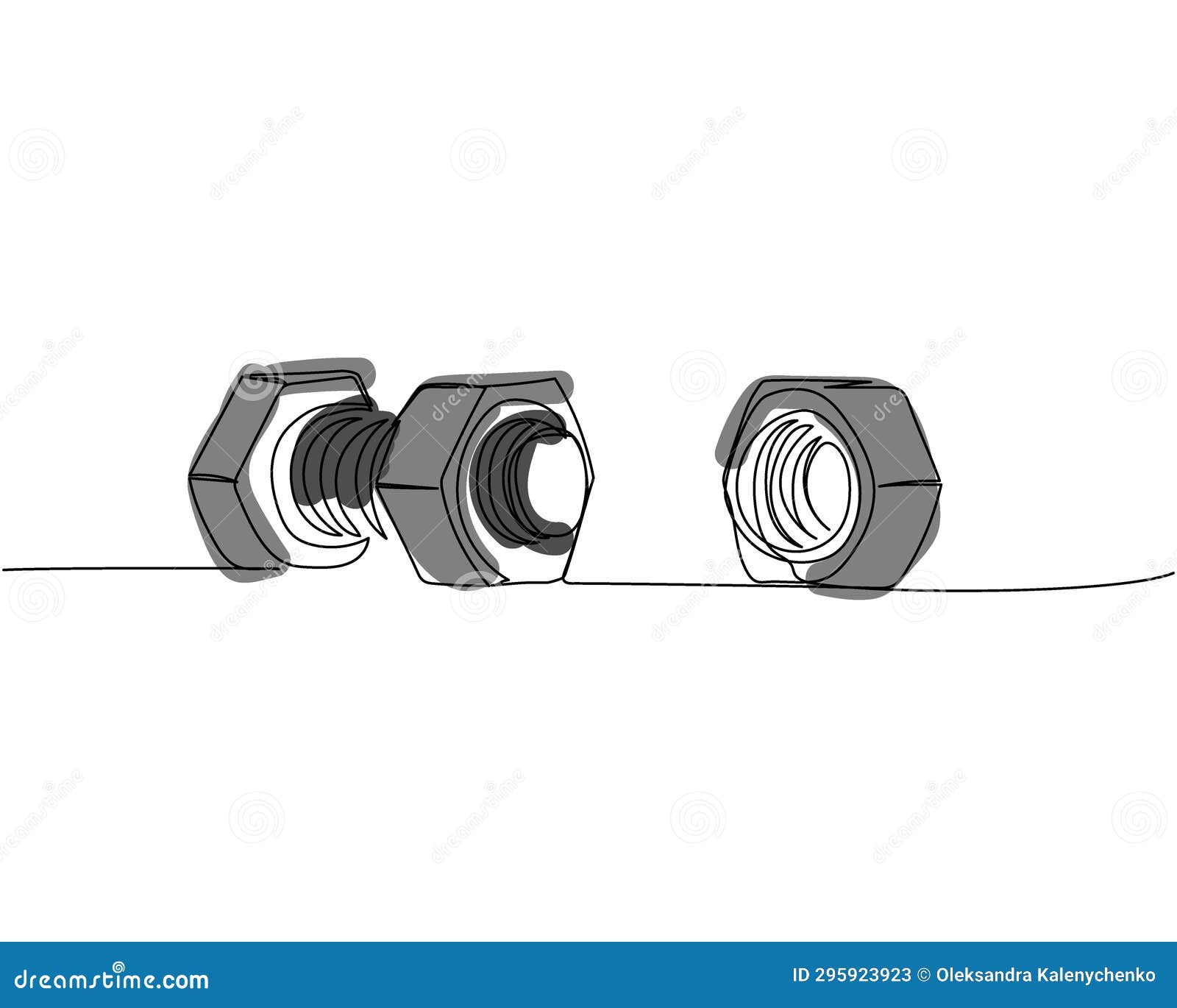 screw, bolt and nut, dowel, pin, pintle one line art. continuous line color drawing of repair, professional, hand