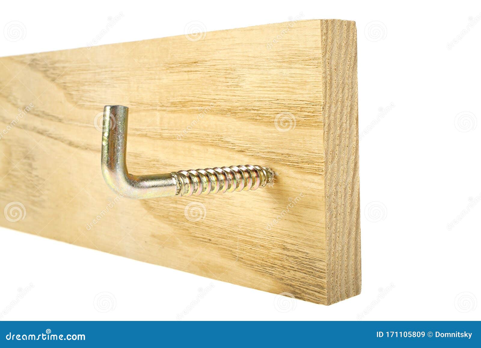 Hook Screwed into the Wooden Plank, White Background Stock Image