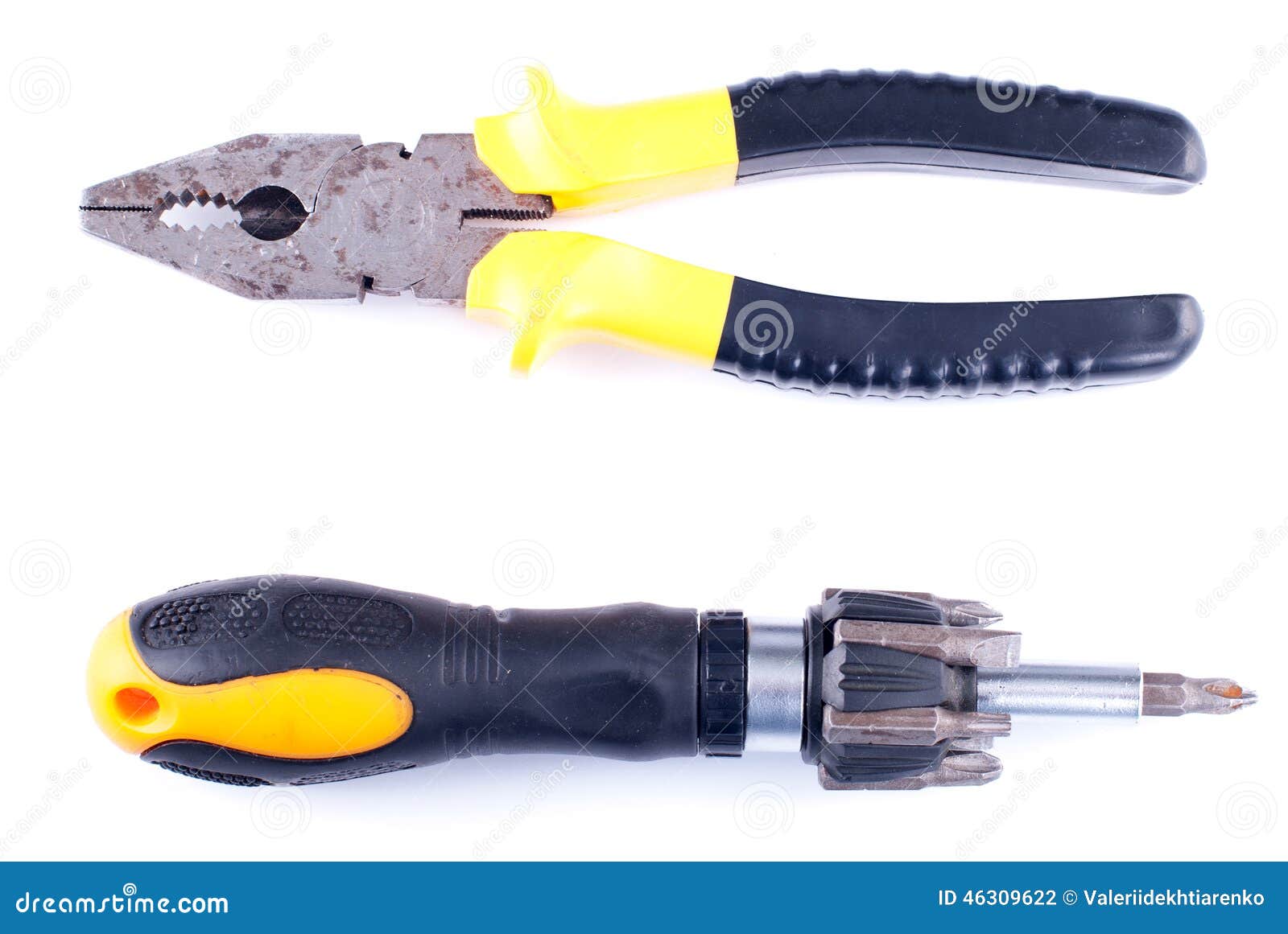 Screwdriver and Pliers Isolated on White Background Stock Photo Image