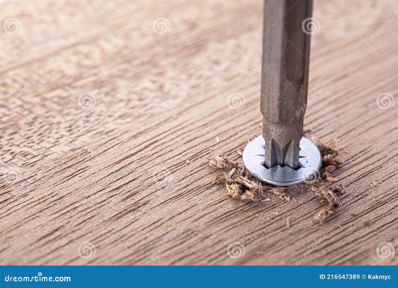 screwdriver screw in a wood oaks plank