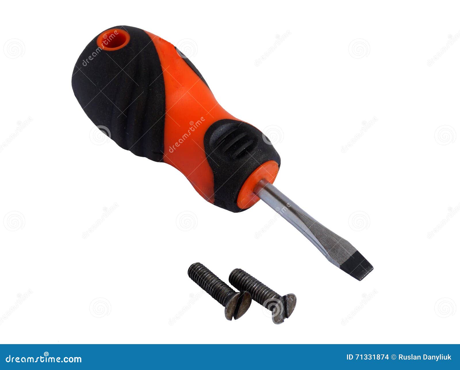 Screwdriver and Two Screws with Slotted and Flat Head Stock Photo
