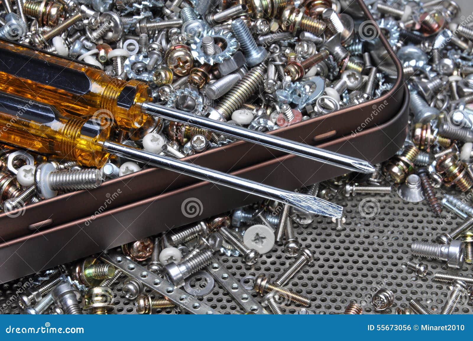 Screwdrivers and Components Bolts, Nuts, Washers, Screws Stock Photo