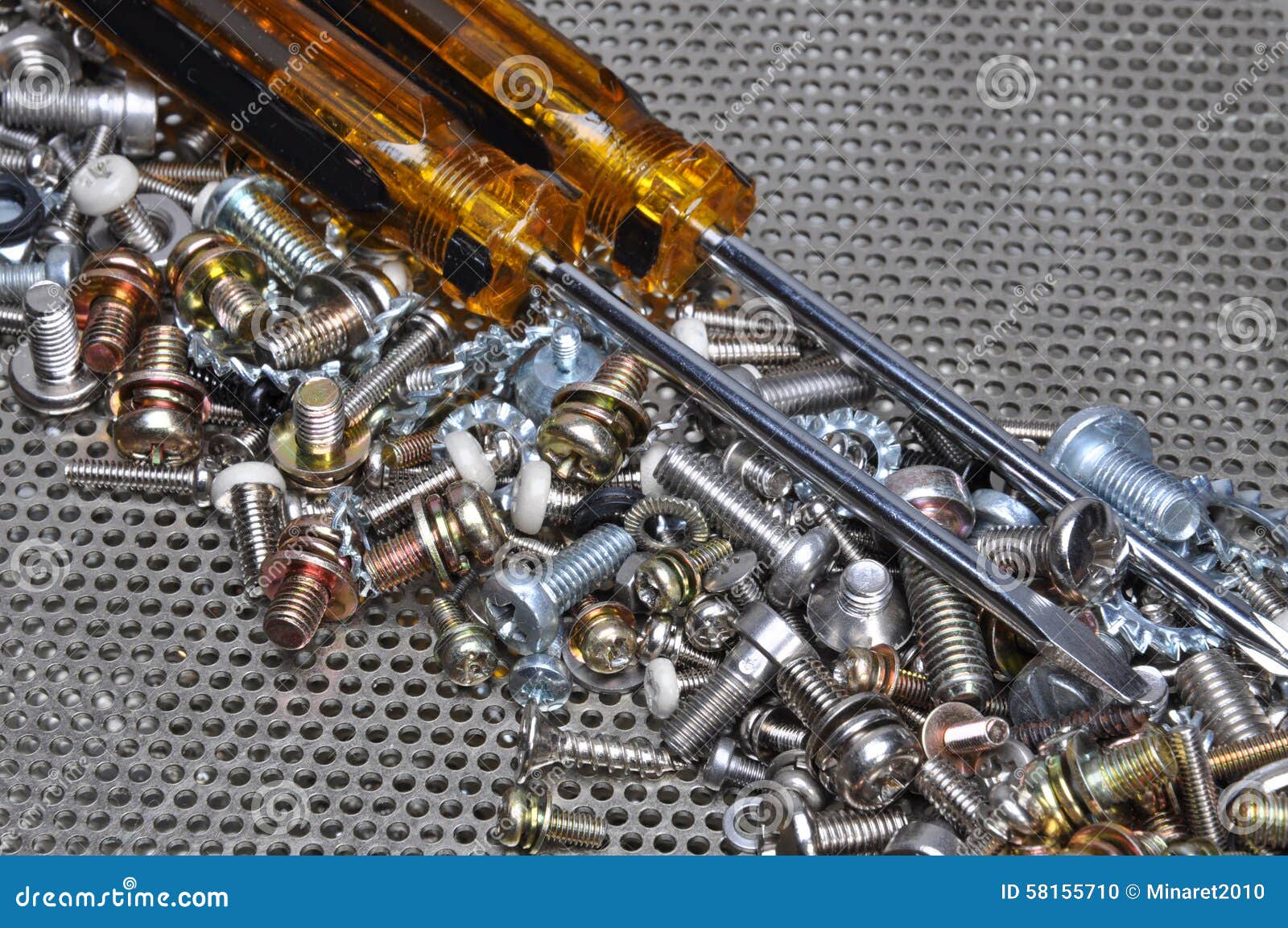 Screwdrivers and Components Bolts, Nuts, Washers, Screws Stock Photo