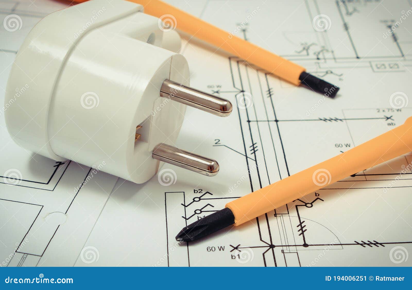 Screwdrivers with Electric Plug on Plan of House. Construction Diagrams
