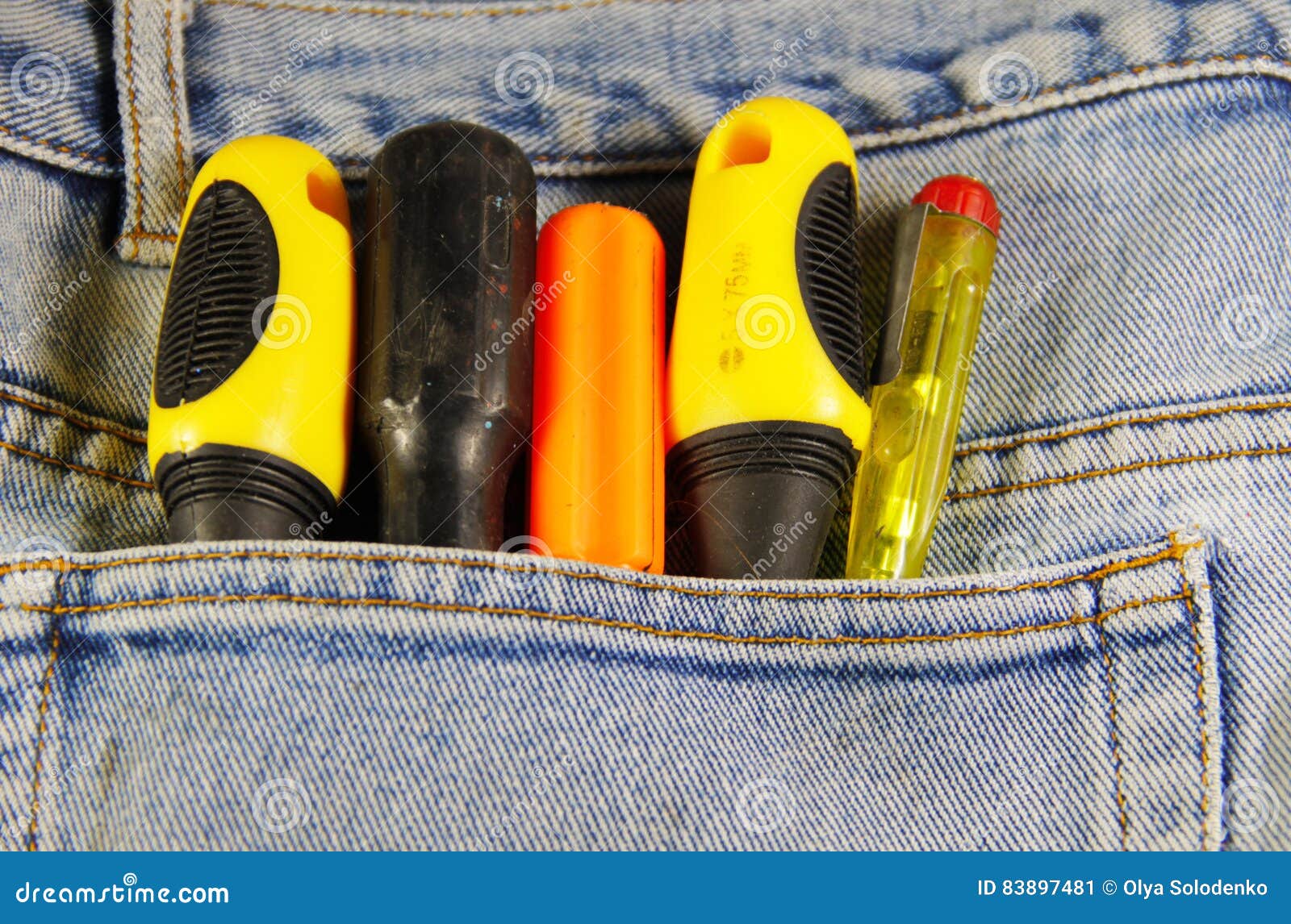 Screwdrivers in a Pocket of Blue Jeans Stock Image Image of