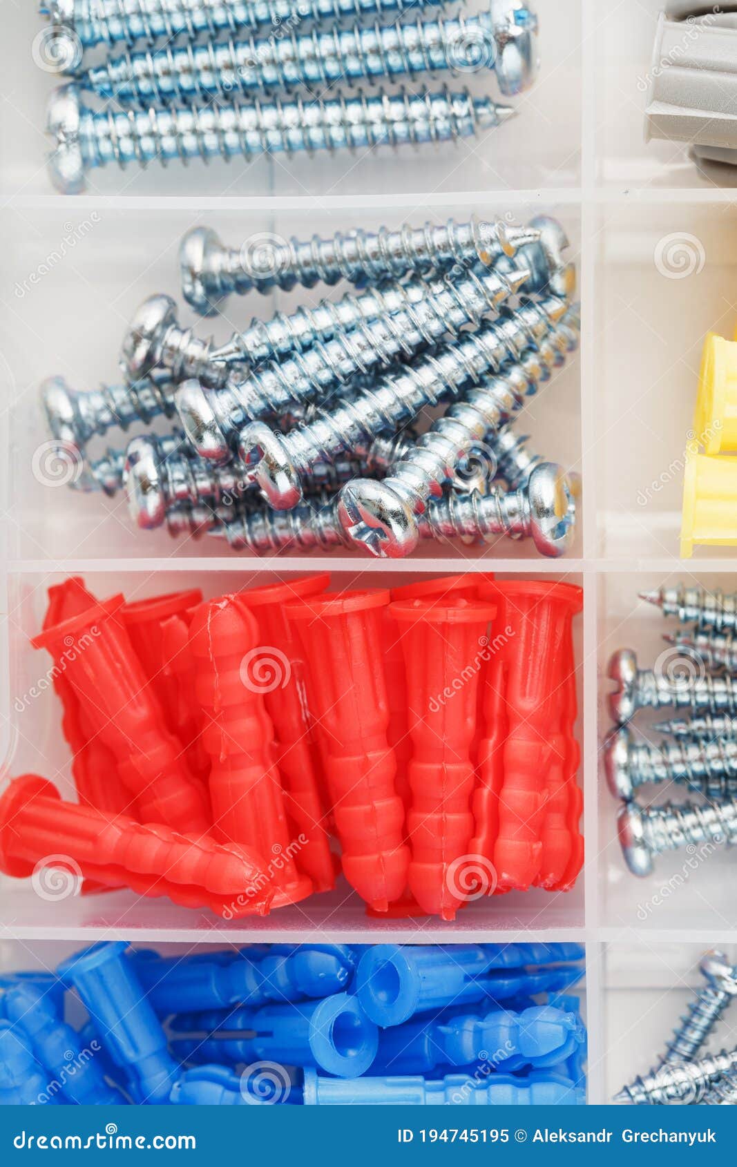 Screws and Plastic Dowels of Various Sizes, for Repair, Construction and Installation Stock