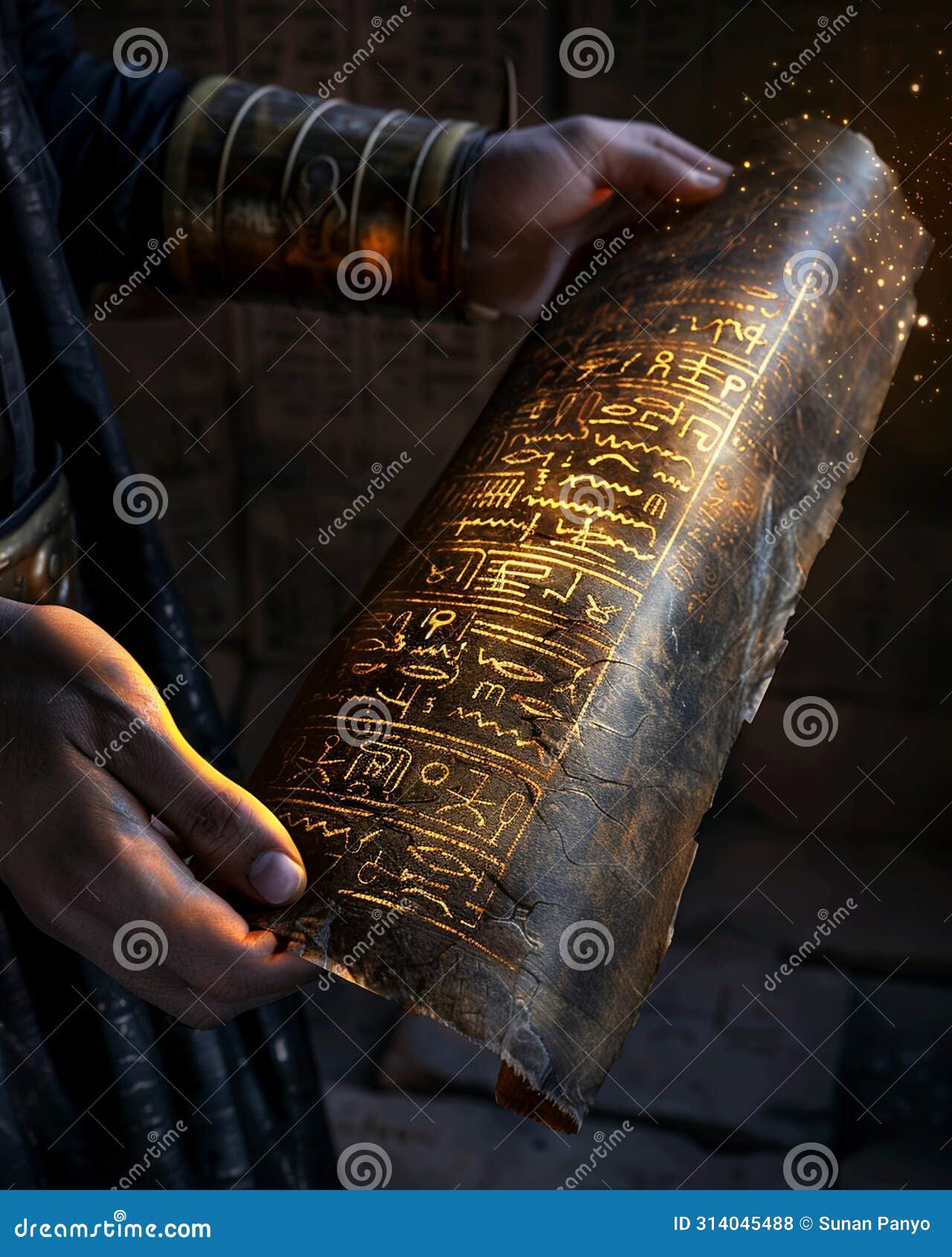 a scroll unrolling with a swipe, ancient s illuminating to guide the user through the gesture , advertise photo