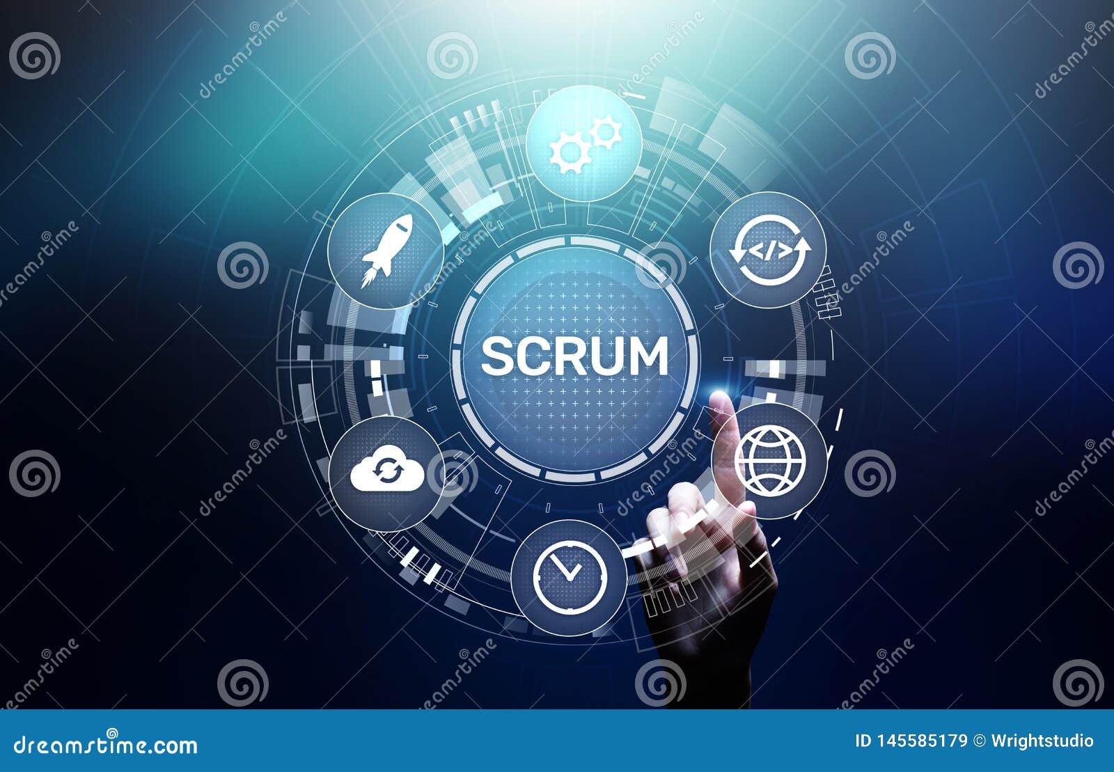 scrum, agile development methodology, programming and application  technology concept on virtual screen.