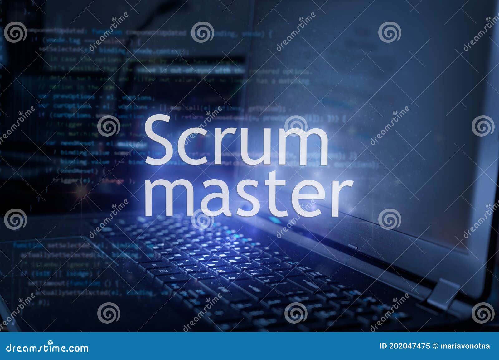scrum master inscription against laptop and code background. scrum is facilitated by a scrum master