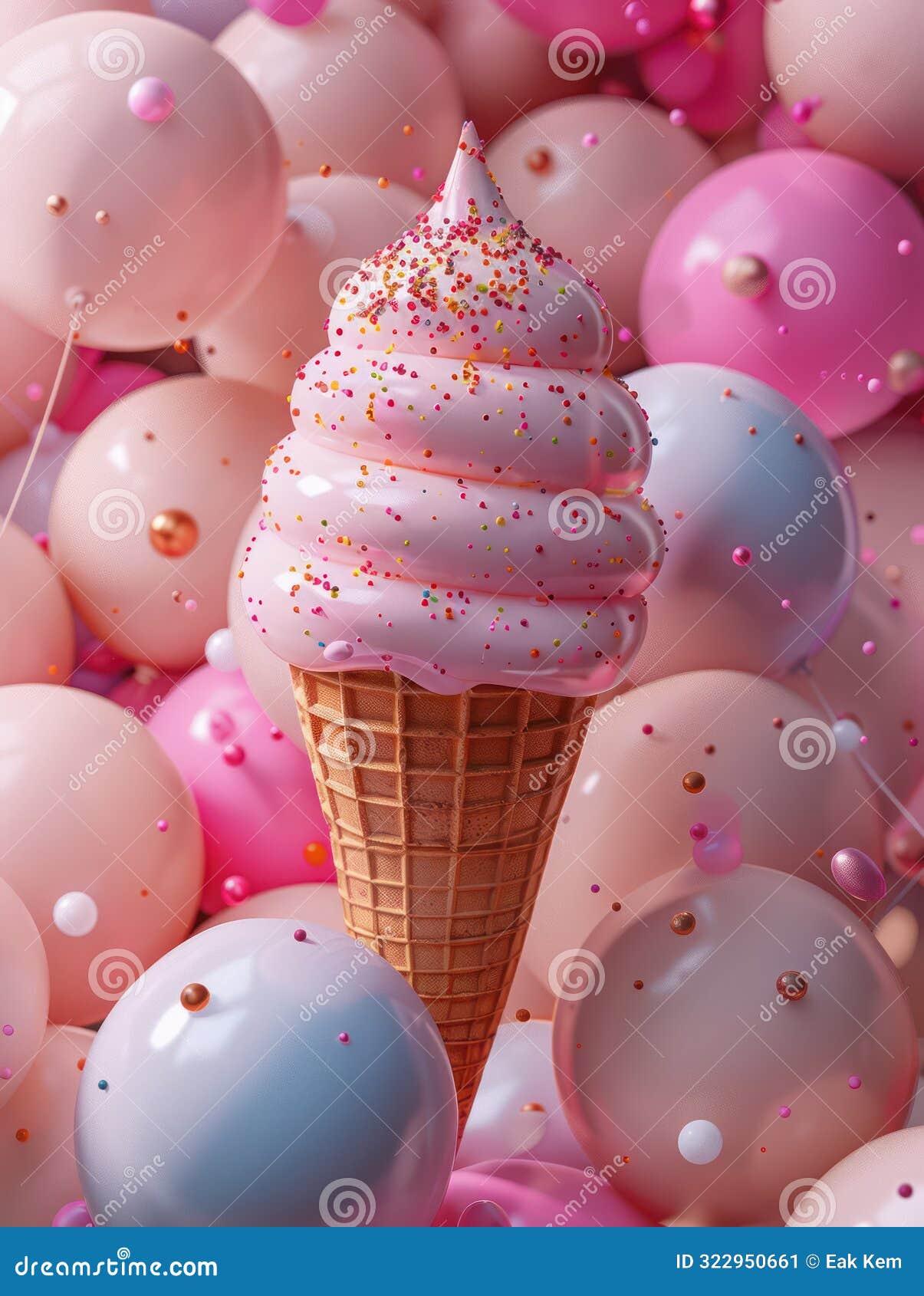 scrumptious strawberry ice cream cone with sprinkles surrounded by colorful balloons a delightful visual treat for ice cream