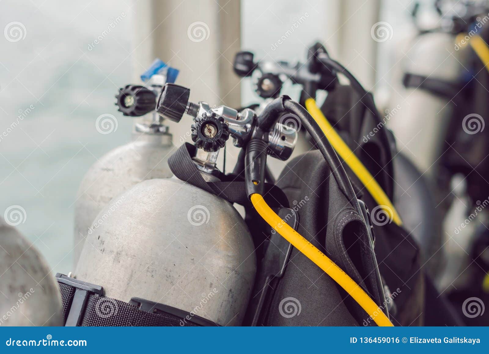Scuba Compressed Air Tank on Boat. Ready for Diving Stock Photo Image