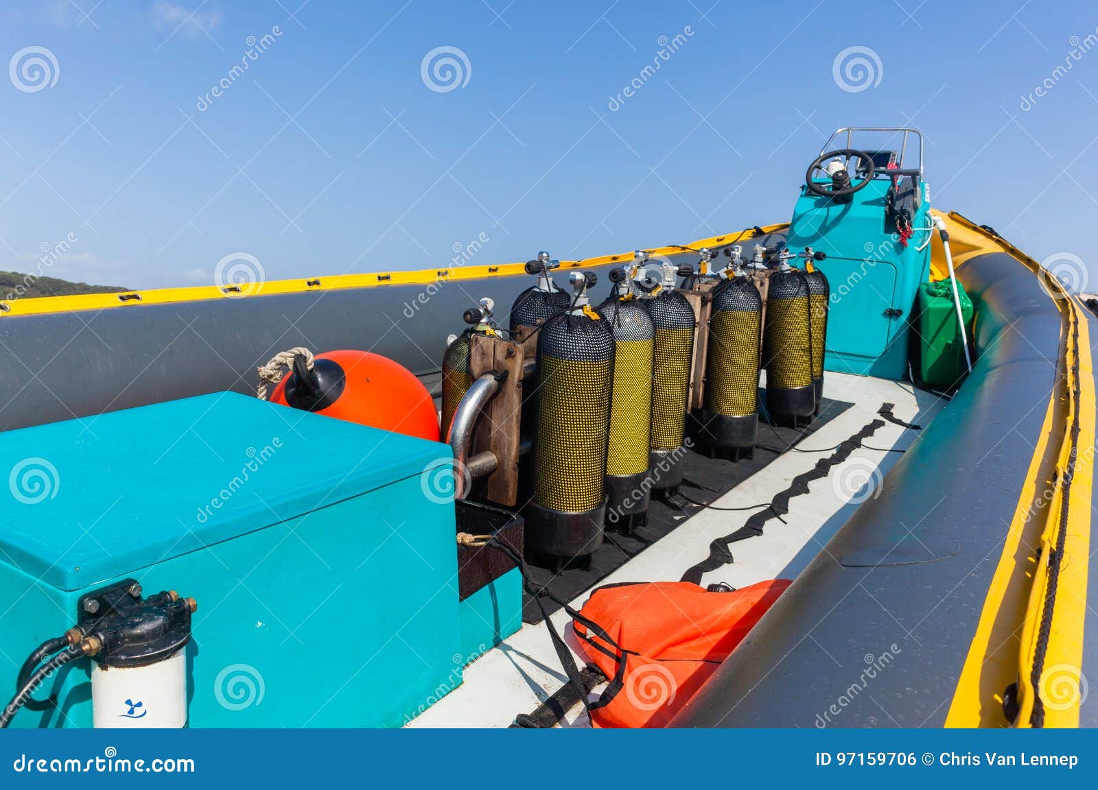 Scuba Dive Boat Bottles stock photo. Image of operator 97159706