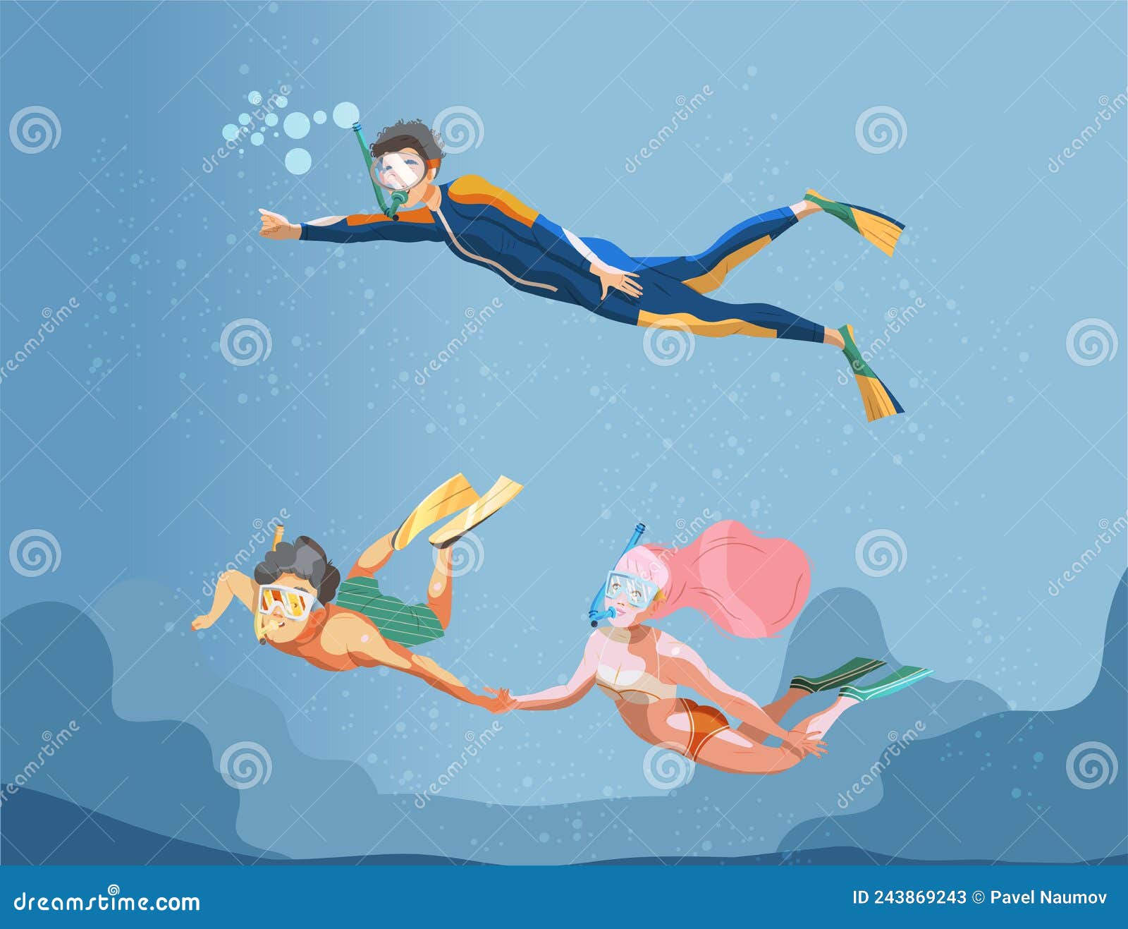 Scuba Diver Exploring Sea Depth. People Scuba Diving and Snorkeling